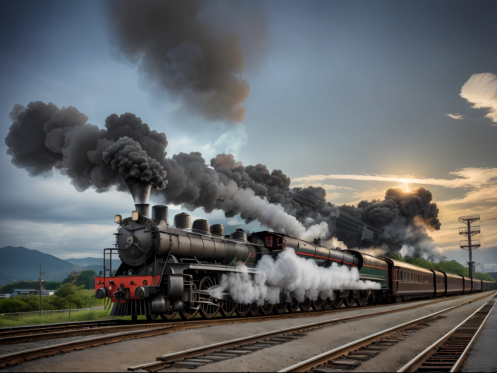 ((highest quality, 8k, masterpiece, photorealistic, RAW photography, highest quality, Japan steam locomotive)), a train crossing a bridge that is smoky (steam locomotive), steam locomotive, train, choo choo, train, environmental shot, Yasushi Sugiyama, gothic locomotive, Yoshifumi Ujima, combined!!,smoldering, gray, smoky, hiro, fuji color photography, ultra-realistic, high definition, realism, realistic photography, Professional color correction, shot with Canon EOS 5D Mark IV --auto --s2