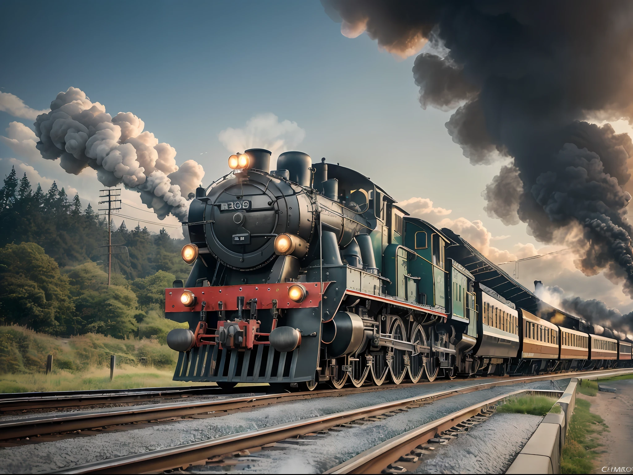 ((highest quality, 8k, masterpiece, photorealistic, RAW photography, highest quality, Japan steam locomotive)), a train crossing a bridge that is smoky (steam locomotive), steam locomotive, train, choo choo, train, environmental shot, Yasushi Sugiyama, gothic locomotive, Yoshifumi Ujima, combined!!,smoldering, gray, smoky, hiro, fuji color photography, ultra-realistic, high definition, realism, realistic photography, Professional color correction, shot with Canon EOS 5D Mark IV --auto --s2