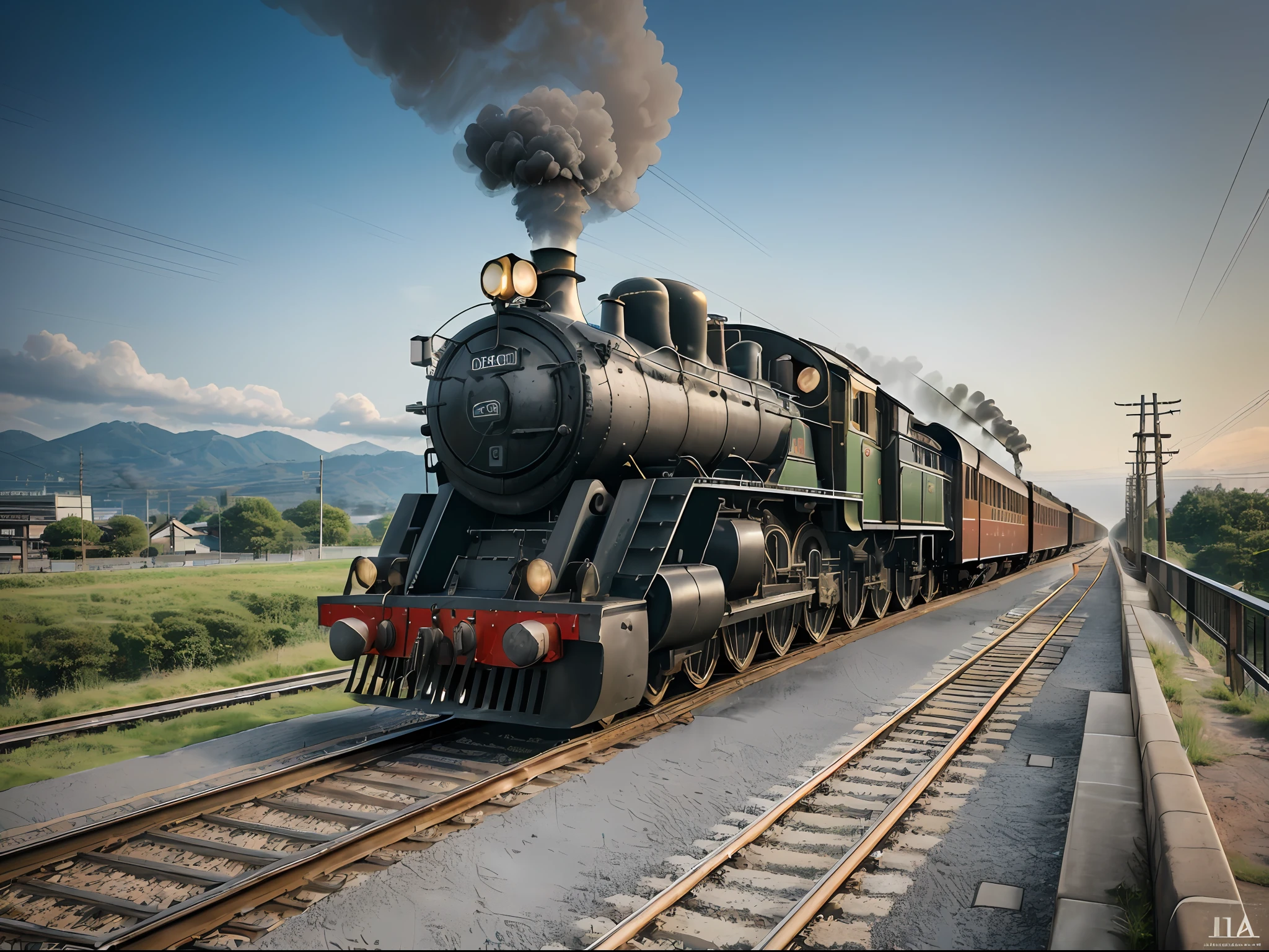 ((highest quality, 8k, masterpiece, photorealistic, RAW photography, highest quality, Japan steam locomotive)), a train crossing a bridge that is smoky (steam locomotive), steam locomotive, train, choo choo, train, environmental shot, Yasushi Sugiyama, gothic locomotive, Yoshifumi Ujima, combined!!,smoldering, gray, smoky, hiro, fuji color photography, ultra-realistic, high definition, realism, realistic photography, Professional color correction, shot with Canon EOS 5D Mark IV --auto --s2