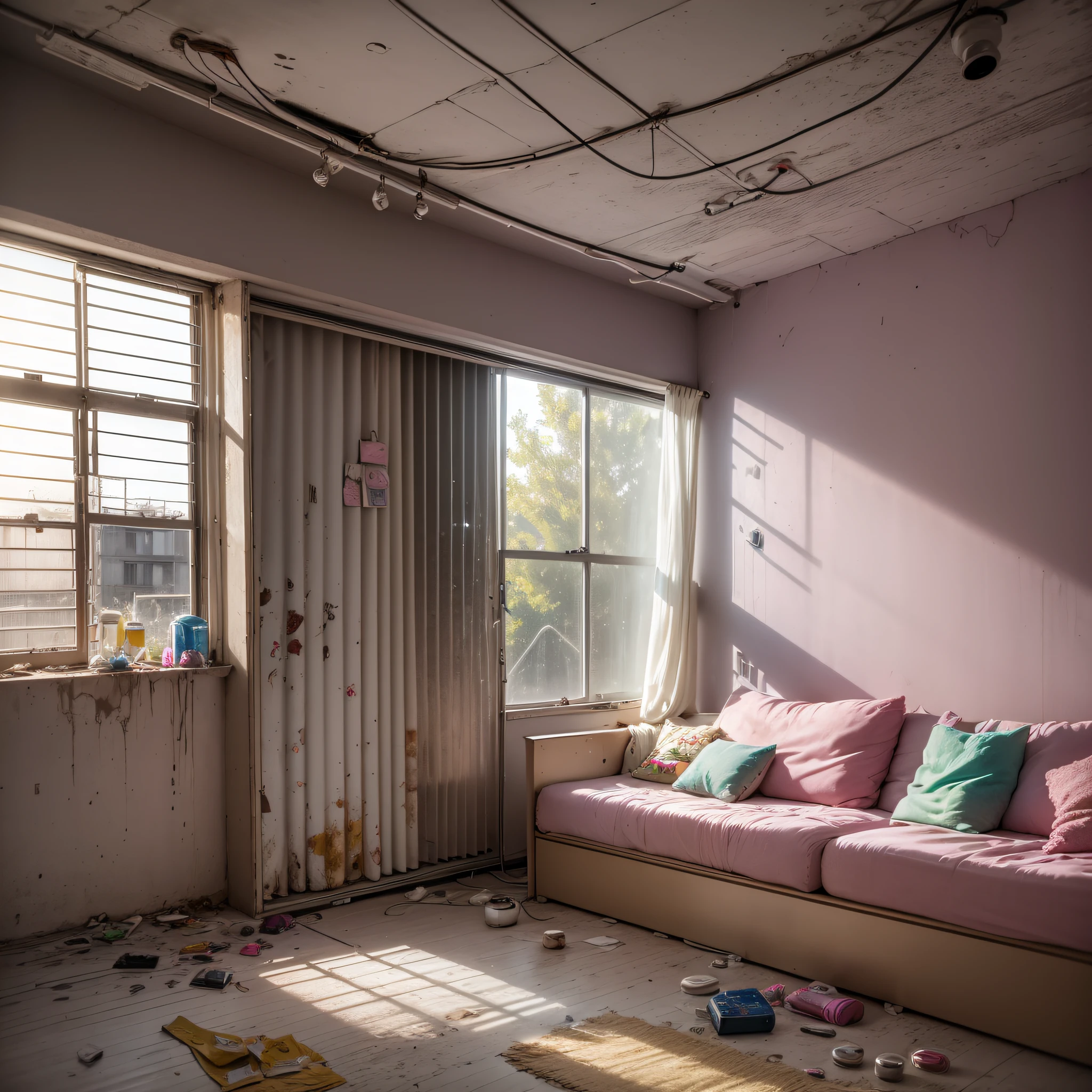 Girl's abandoned dirty room, shabby old pink sofa, laundry hanging out in the room, clothes scattered, PC and monitor, evening, window, sunset light entering the room, junk food, cup noodles and drink jars and cans are scattered, garbage overflows from trash cans. Cables and wiring are exposed from the walls, only appliances are futuristic, sparkling dust flutters in the room, HD, 8K, masterpiece, realistic texture. --auto --s2
