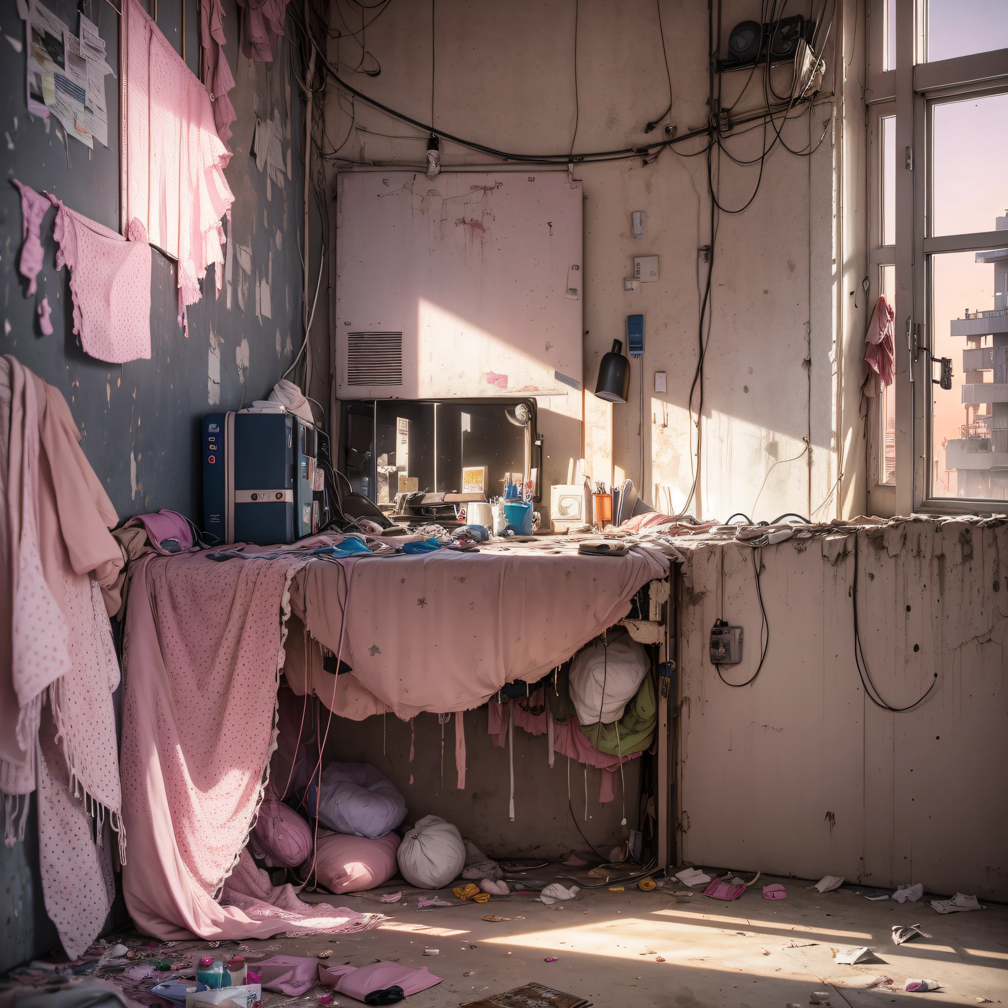 Girl's abandoned dirty room, shabby old pink sofa, laundry hanging out in the room, clothes scattered, PC and monitor, evening, window, sunset light entering the room, junk food, cup noodles and drink jars and cans are scattered, garbage overflows from trash cans. Cables and wiring are exposed from the walls, only appliances are futuristic, sparkling dust flutters in the room, HD, 8K, masterpiece, realistic texture. --auto --s2