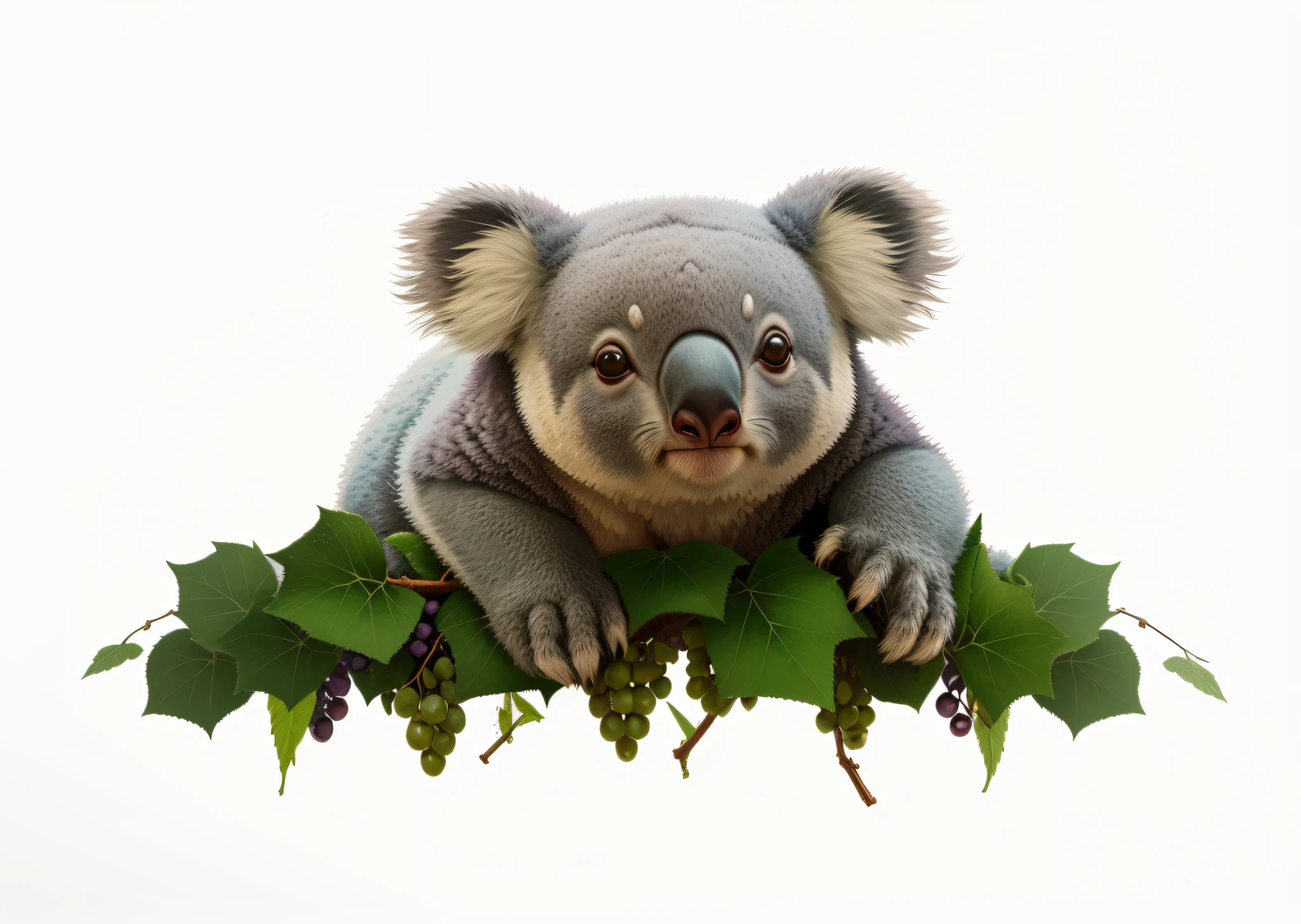 A koala bear on the front, lying on a vine with only a koala head exposed, with lots of grapes and grape leaves on the vine, Elisabeth Durak's pointillism, Pixabay trend, pointillism, vector illustration, pen and ink illustration, pen and ink illustration, cross hatch lines --auto --s2
