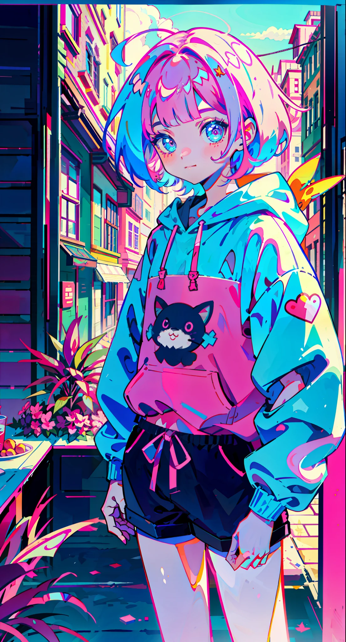 selfie, masterpiece, highly detailed, best quality, sharp focus, soft lighting, limited color palette, pastel colors, cute, ((kawaii)), dark skin,
(Panchen: 1.3), smile, solo,
dark brown hoodie, blue shorts,
Pink eyes, (pink hair: 0.6), (blue hair: 0.8), (gradient hair: 0.6), short hair, Bratis