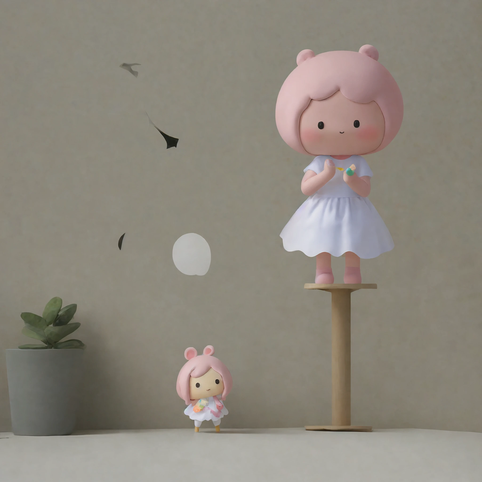 Masterpiece, best quality: 1.1) Chibi, a cute little girl IP holding a stuffed toy, anthropomorphic, soft light, white background,