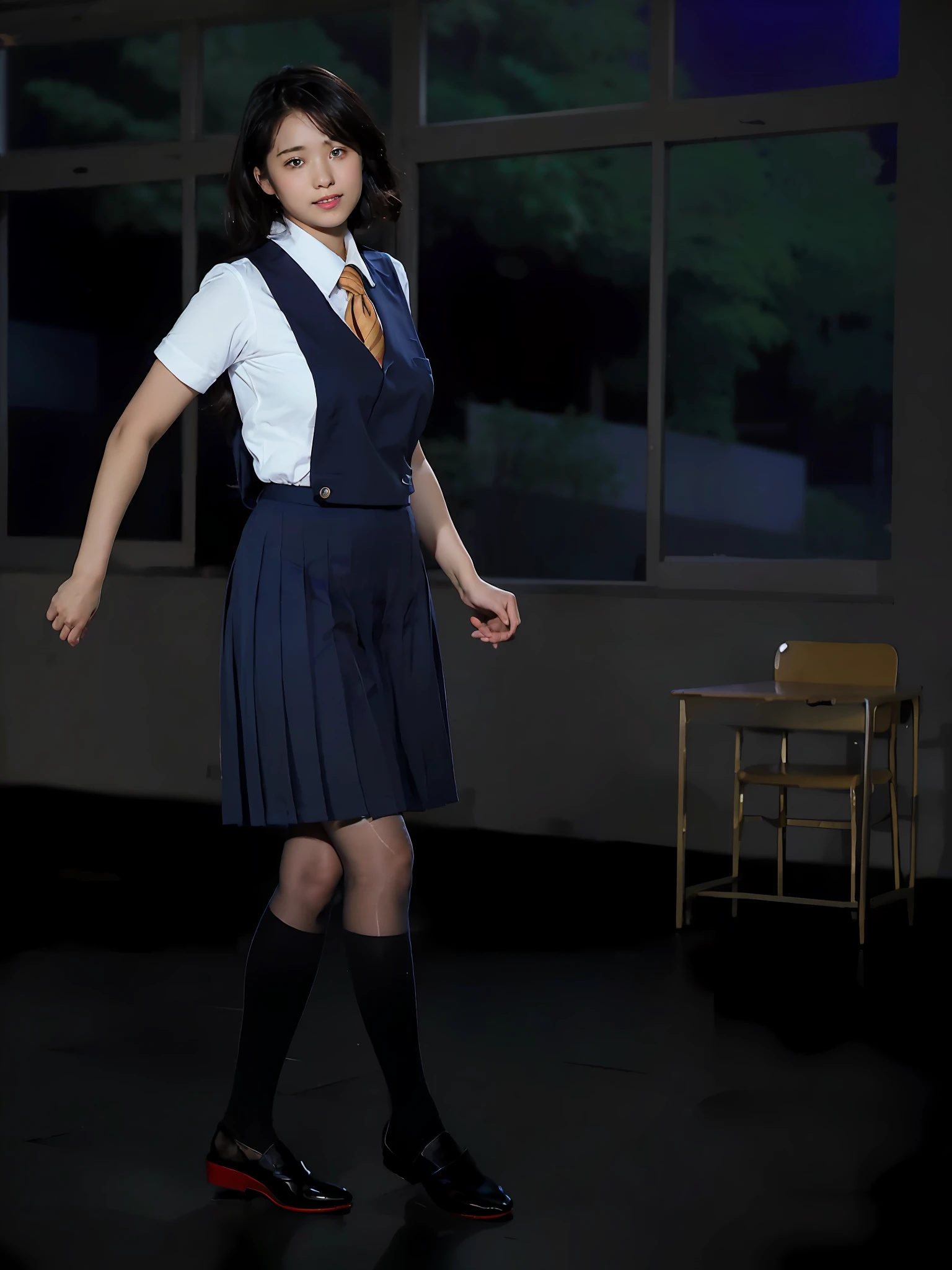 ulzzang-6500-v1.1, (raw photo:1.2), (photorealistic:1.4), beautiful detailed girl, very detailed eyes and face, beautiful detailed eyes, ridiculous, incredibly ridiculous, huge file size, super detailed, high resolution, very detailed, best quality, masterpiece, kemomimi, ((Japanese girls' high school uniform)), illustration, very detailed, CG, unified, 8k wallpaper, amazing, Fine details, masterpiece, best quality, very detailed CG uniform 8k wallpaper, light on face, cinematic lighting, 1girl, 16 years old, ((no panties)), ((dynamic pose))), (camel toe), (half), (pantyhose), (knee-bending leg sitting))