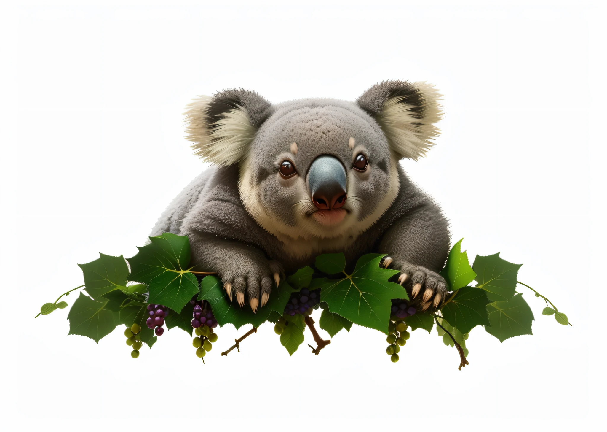 A koala bear on the front, lying on a vine with only a koala head exposed, with lots of grapes and grape leaves on the vine, Elisabeth Durak's pointillism, Pixabay trend, pointillism, vector illustration, pen and ink illustration, pen and ink illustration, cross hatch lines --auto --s2