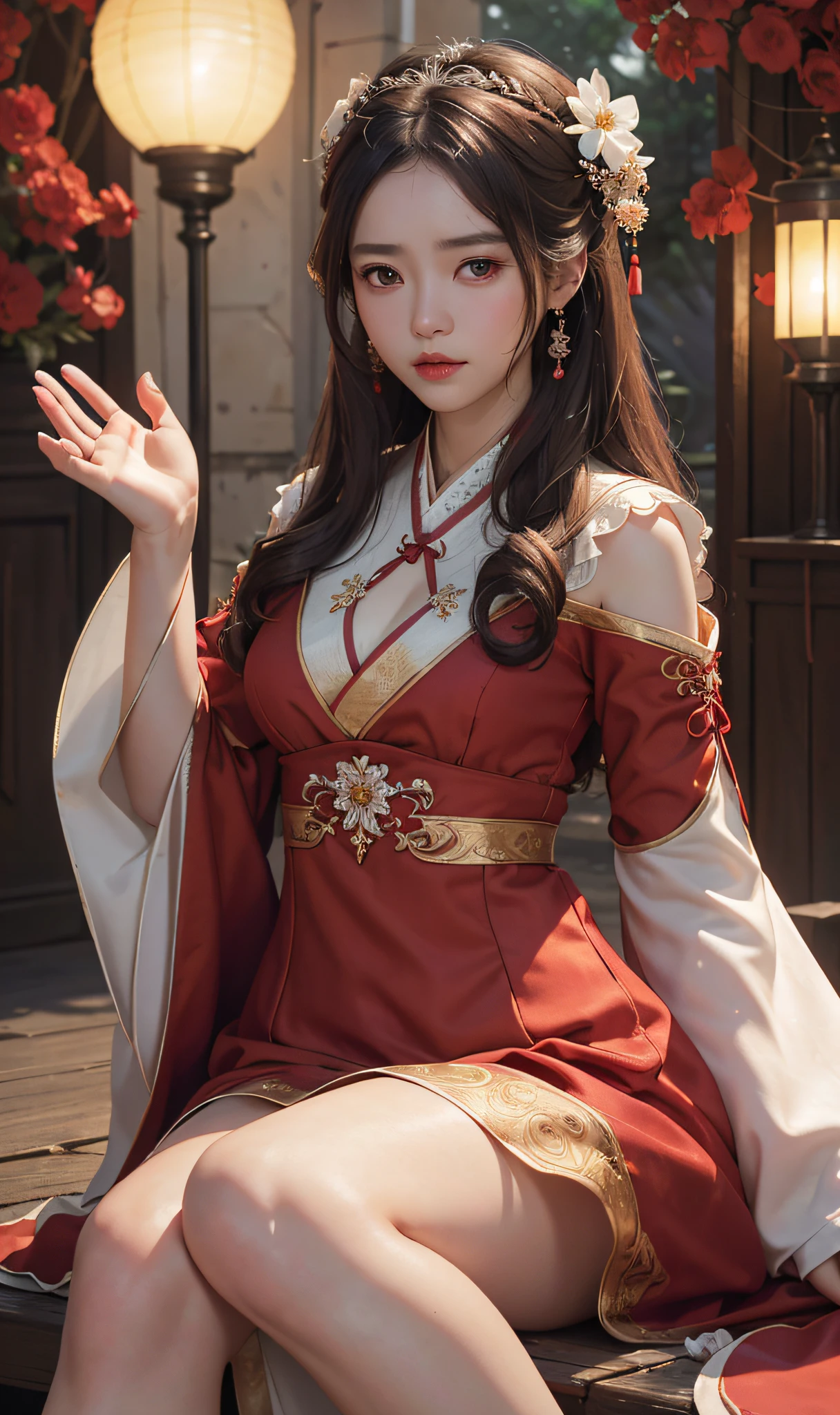 Superb Quality, Masterpiece, High Resolution, (Exquisite Body: 1.5), Stunning Beauty, (Milky Skin: 1.3), Delicate Details, High Resolution, Wallpaper, 1 Woman, Solo, Dress, Hair Accessories, (((Red Dress)) ), Flower, Long Hair, Brown Hair, Shut Up, Accessories, Long Sleeves, Raised Hand, Wide Sleeves, Big Eyes, Flowing Hair, Hanfu, Hanfu, Embroidery, Long Skirt, Natural Pose, Falling Petals, Calf Injury, Sadness, Fanning, Lantern, 16K, HDR, High Resolution, Depth of Field, (Film Grae: 1.1), Bocon, Primetime, (Lens Glow), Vignette, Rainbow, (Color Grading: 1.5)