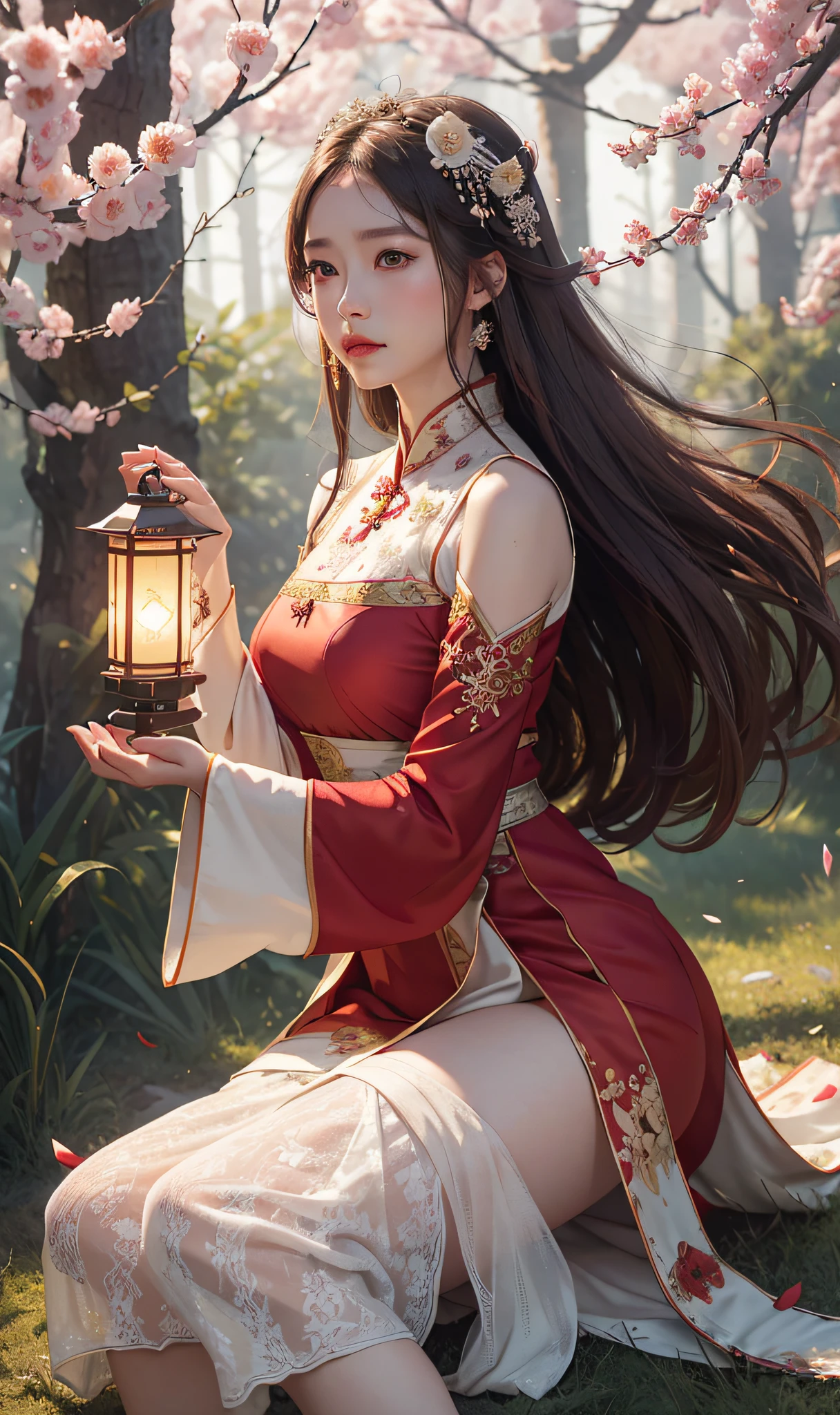Superb Quality, Masterpiece, High Resolution, (Exquisite Body: 1.5), Stunning Beauty, (Milky Skin: 1.3), Delicate Details, High Resolution, Wallpaper, 1 Woman, Solo, Dress, Hair Accessories, (((Red Dress)) ), Flower, Long Hair, Brown Hair, Shut Up, Accessories, Long Sleeves, Raised Hand, Wide Sleeves, Big Eyes, Flowing Hair, Hanfu, Hanfu, Embroidery, Long Skirt, Natural Pose, Falling Petals, Calf Injury, Sadness, Fanning, Lantern, 16K, HDR, High Resolution, Depth of Field, (Film Grae: 1.1), Bocon, Primetime, (Lens Glow), Vignette, Rainbow, (Color Grading: 1.5)