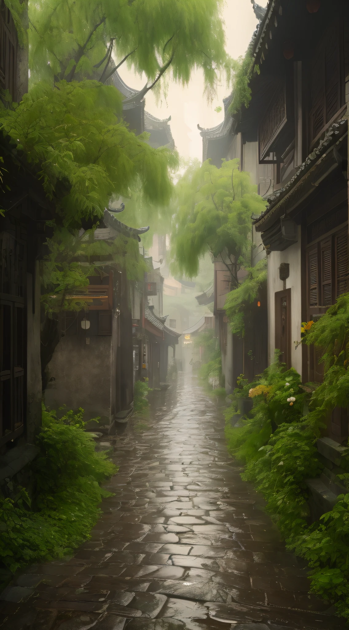 there is a wet street with a stone path and trees, dreamy chinese town, misty alleyways, misty alleyway, ancient city streets behind her, quiet street, by Han Gan, old asian village, by Ruan Jia, chinese village, green alleys, in a narrow chinese alley, green alley, beautiful mattepainting, quiet and serene atmosphere