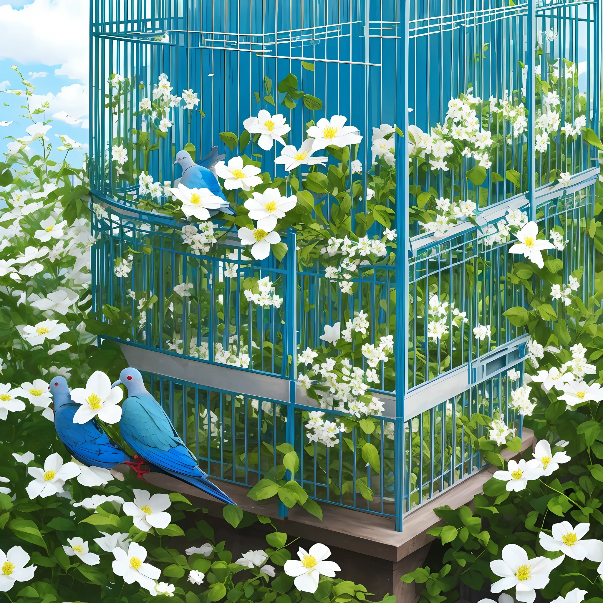 Blue, green, cage, sky, dove, white flowers, plain wind --auto --s2