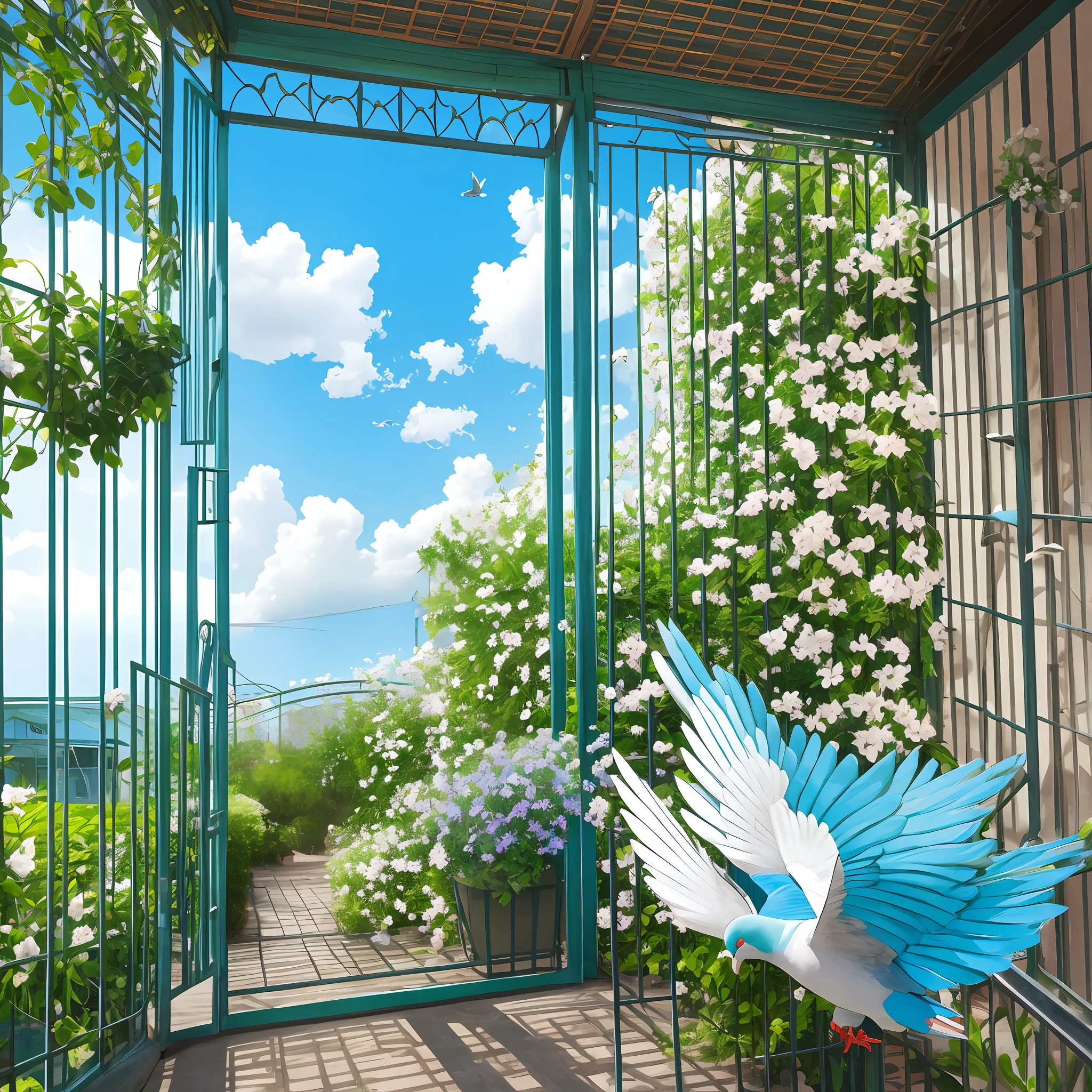 Blue, green, cage, sky, dove, white flowers, plain wind --auto --s2