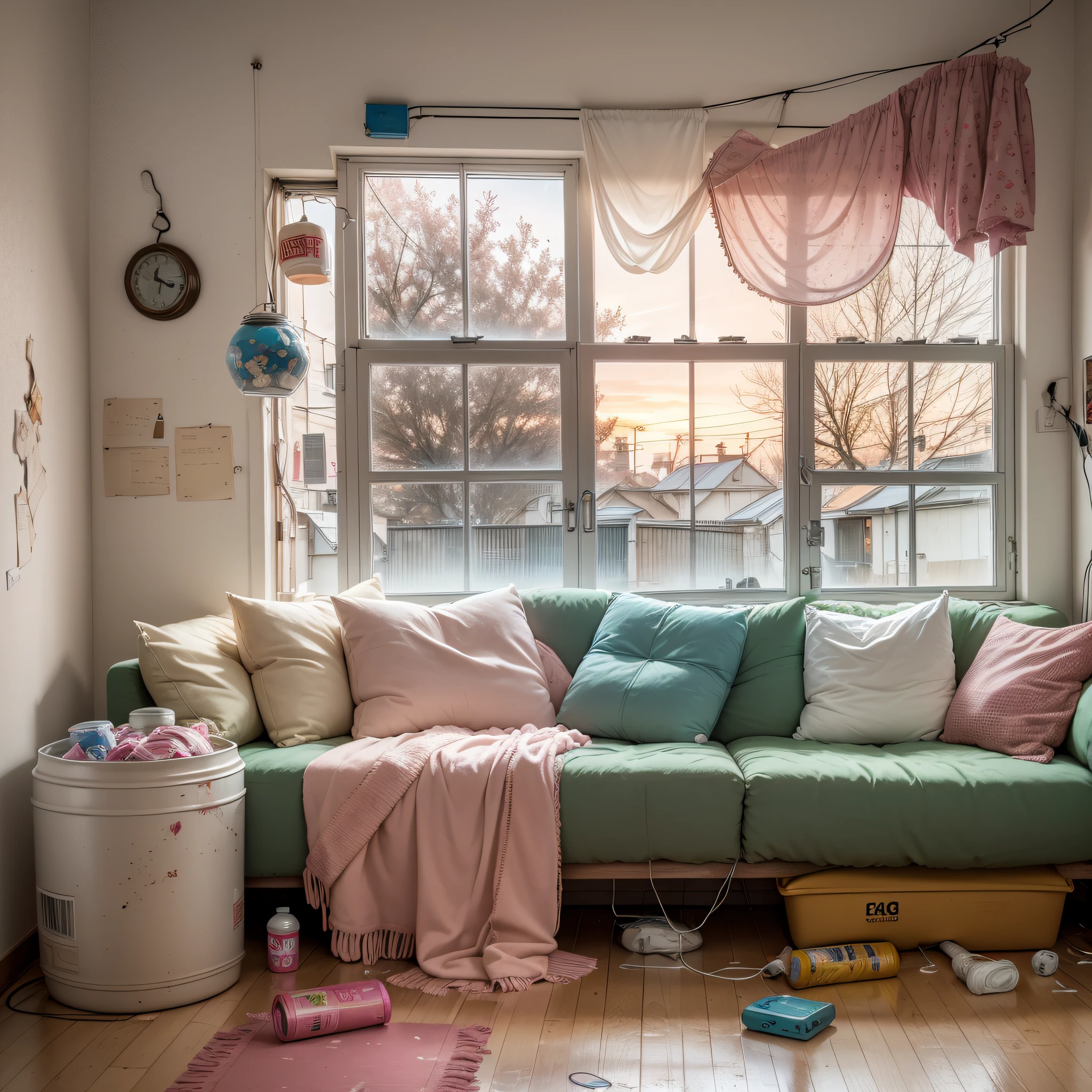 Girl's abandoned dirty room, shabby old pink sofa, drying laundry in the room, window, sunset light entering the room through the window, junk food, cup noodle and drink jars and cans are scattered, garbage overflows from the trash can. Cables and wiring are exposed from the walls, only appliances are futuristic, sparkling dust flutters in the room, HD, 8K, masterpiece, realistic texture. --auto --s2