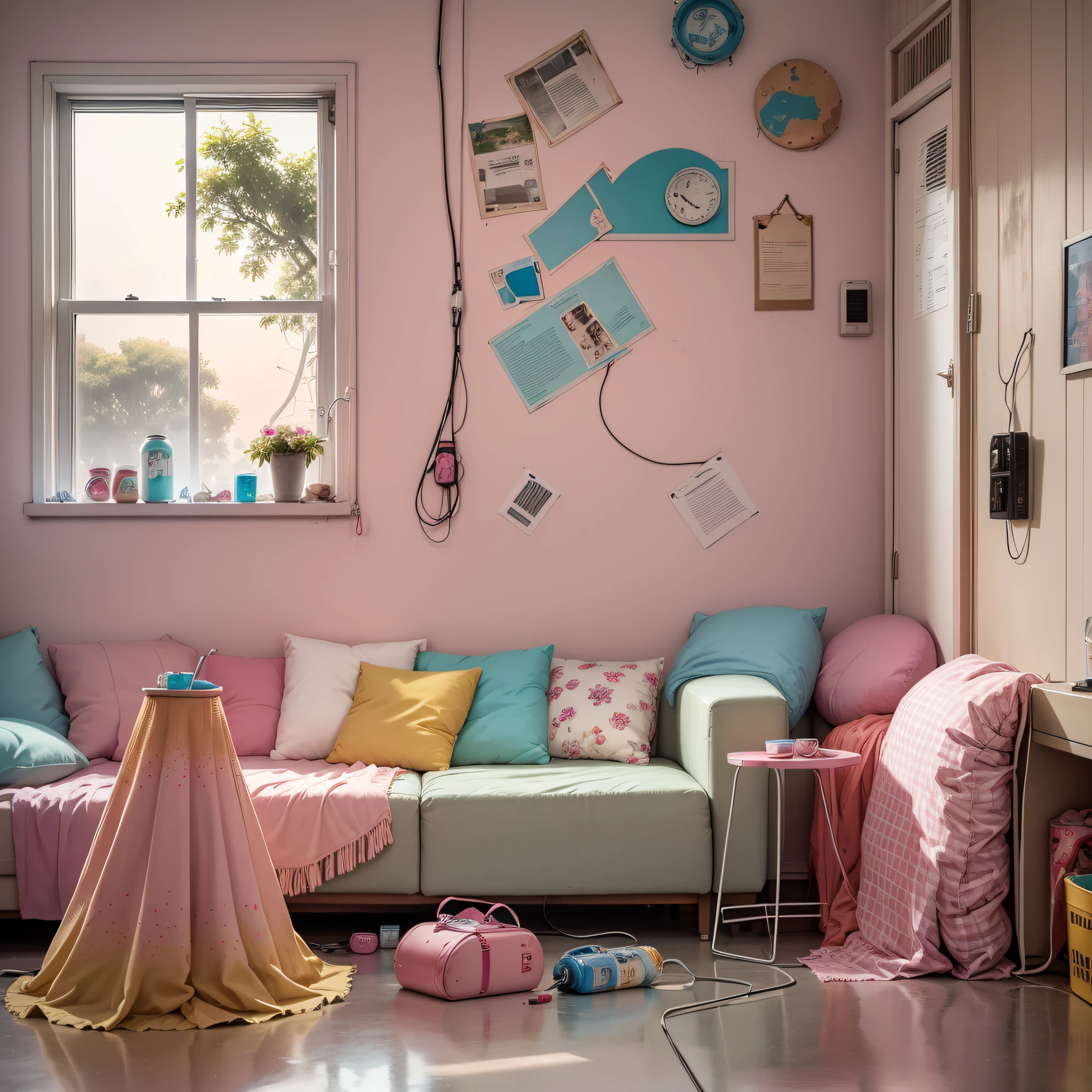 Girl's abandoned dirty room, shabby old pink sofa, drying laundry in the room, window, sunset light entering the room through the window, junk food, cup noodle and drink jars and cans are scattered, garbage overflows from the trash can. Cables and wiring are exposed from the walls, only appliances are futuristic, sparkling dust flutters in the room, HD, 8K, masterpiece, realistic texture. --auto --s2
