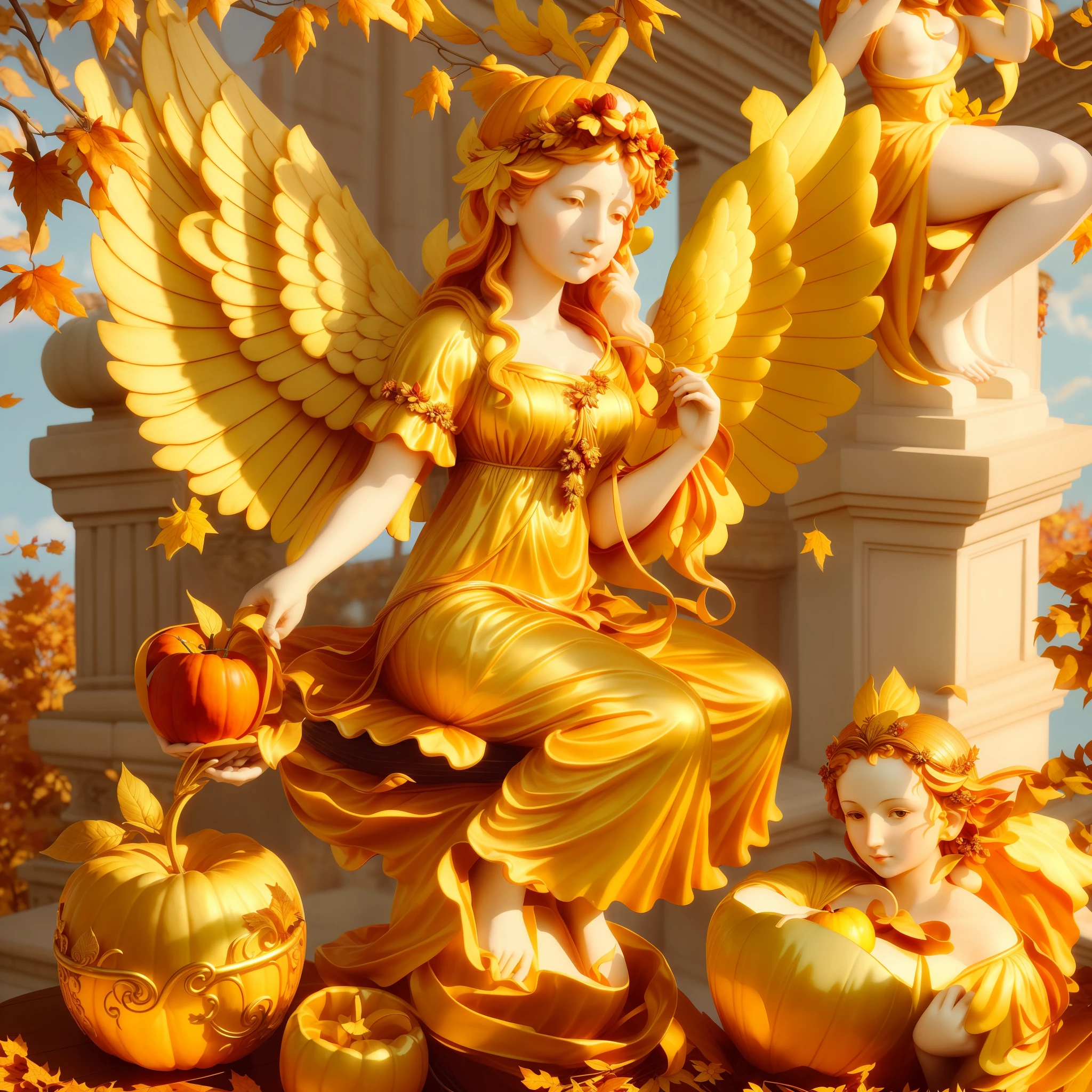 statue of a woman with wings and a basket of apples, goddess of autumn, the goddess of autumn harvest, goddess. extremely high detail, autumnal empress, baroque vaporwave statue, angel statues, beautiful autumn spirit, angel, goddess of nature, art nouveau octane render, beautiful angel, golden autumn, unreal engine render + a goddess, baroque digital painting, renaissance autumnal