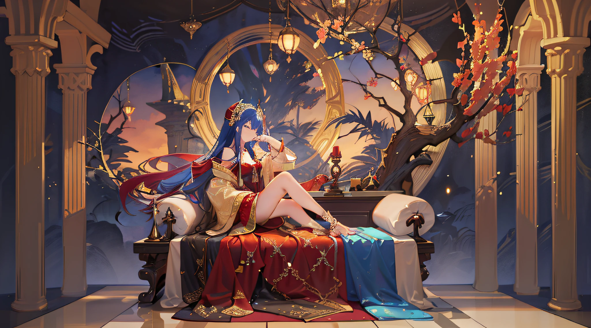there is a woman sitting on a bed in a room, anime fantasy illustration, anime fantasy artwork, trending on artstation pixiv, cushart krenz key art feminine, a beautiful fantasy empress, 2. 5 d cgi anime fantasy artwork, trending on cgstation, anime art wallpaper 8 k, by Yang J, high detailed official artwork