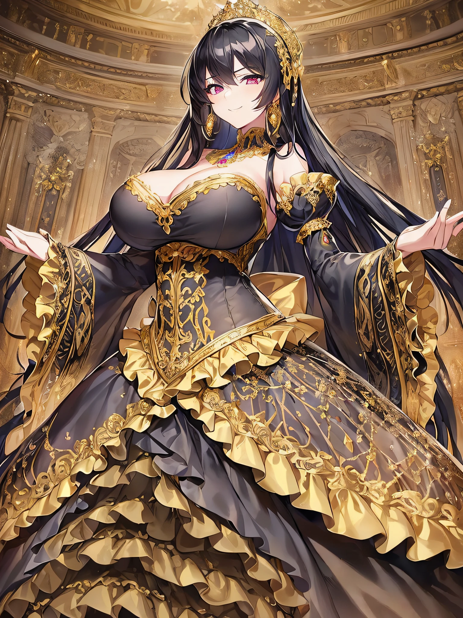 ((anime moe artstyle)),((Masterpiece)), (Best Quality), (Super Detail), Illustration, (((Very Delicate and Beautiful))),Dynamic Angle,Looking at viewer,((((Solo)))),(((Full body))),(((1 arrogant empress wearing gorgeous black ballgown with gigantic breasts))),(standing),dominant pose,(arrogant),(((haughty smile))),Purple eyes,(Sharp eyes),Detailed Face, Long Eyelashes,Jet Black Hair,Straight Hair,((Very Long Hair)),((Bangs between eyes)),((((gigantic breasts,Huge breasts,Bulging breasts,Long breasts)))),cleavage,((skindentation)),curvy,See-through,(((luxurious lace and ruffled black and gold rococo ballgown adorned with abundant jewels and gorgeous embroidery))),(((voluminous black and gold rococo dress with a flared hemline))),(fluffy rococo ball gown with gorgeous embroidery and lace),((gold trim)),(((hoop skirt))),long skirt,corset,crinoline,opera gloves,Beautifully Gorgeous jeweled big tiara,Beautifully Gorgeous gem earrings,Beautifully Gorgeous jeweled necklace,Beautifully Gorgeous jeweled ornaments,indoor,light particles,royal palace,