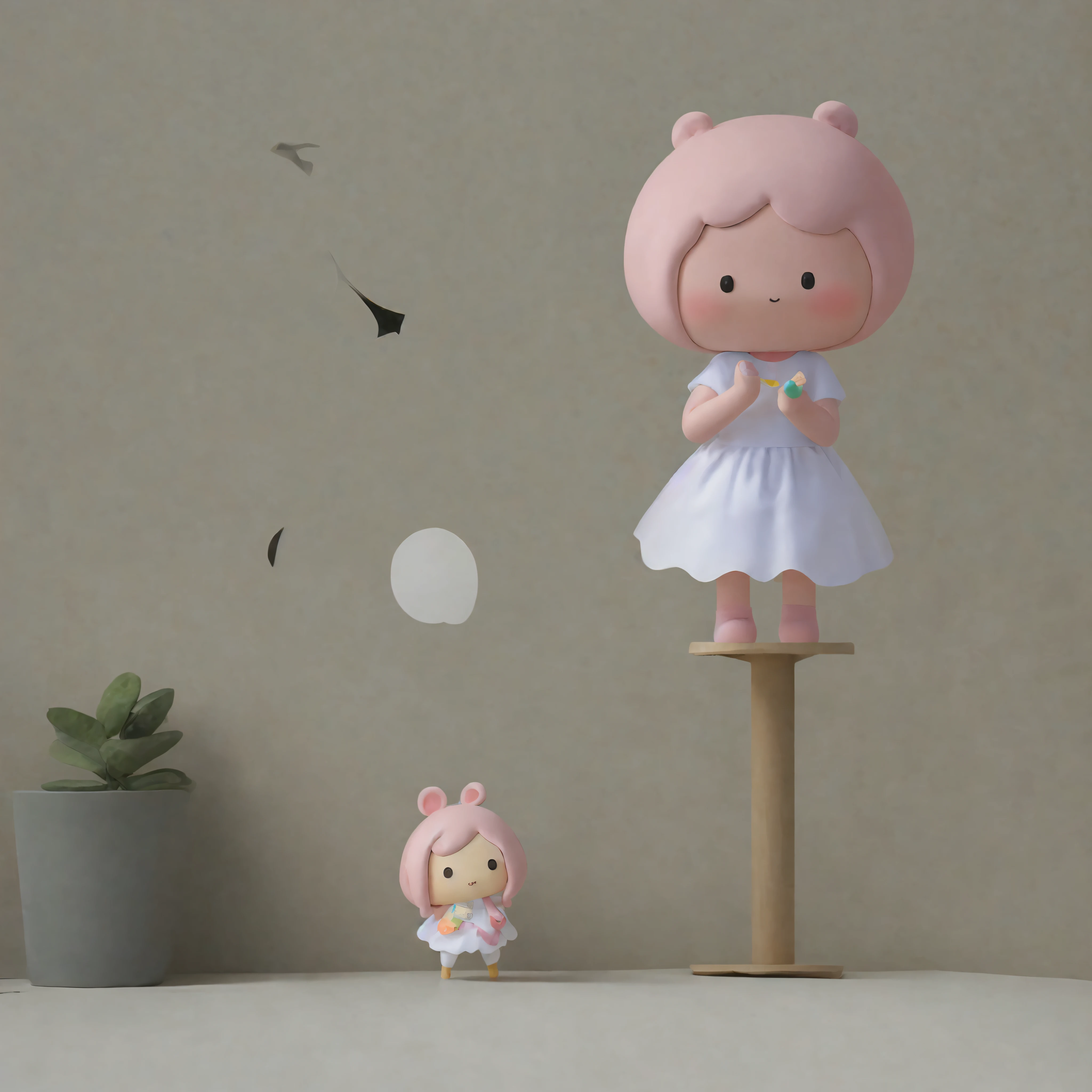 Masterpiece, best quality: 1.1) Chibi, a cute little girl IP holding a stuffed toy, anthropomorphic, soft light, white background,