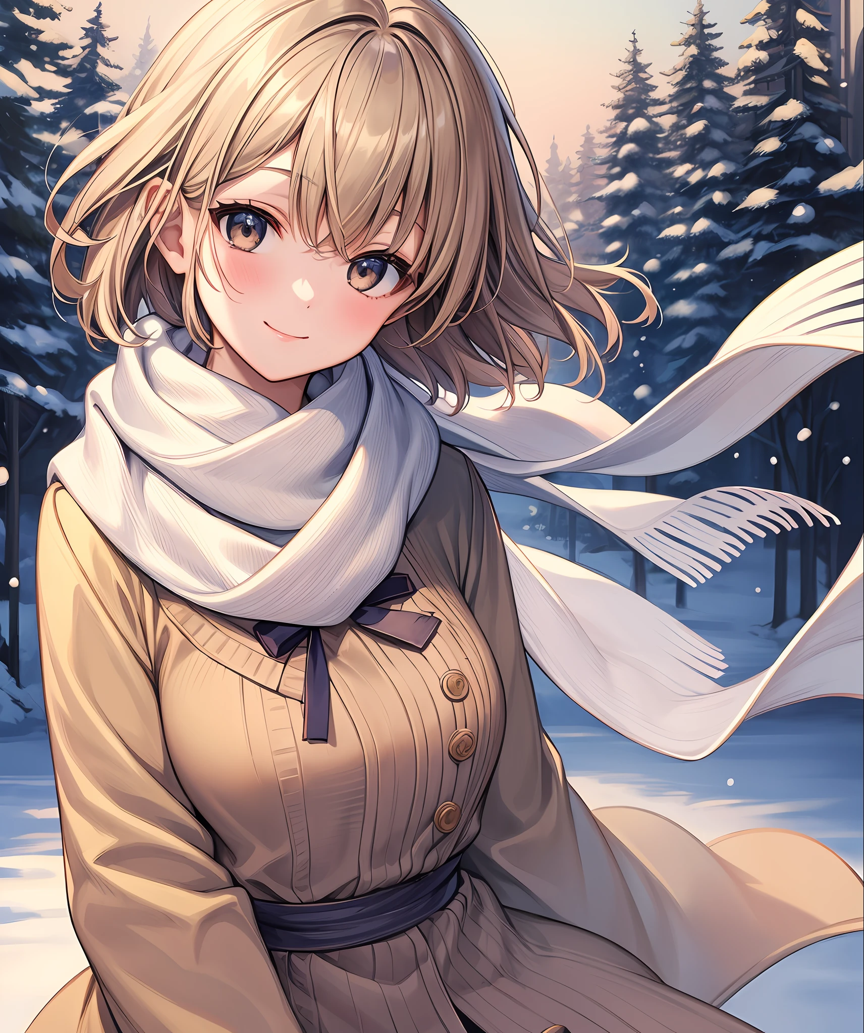 (masterpiece, top quality), from above, solo, 1 girl, bust shot, smile, light brown hair, light brown eyes, short hair, medium hair, blush, light blue cardigan, snow, winter, clear sky, arms behind back, scarf, ribbon on the back of the head,