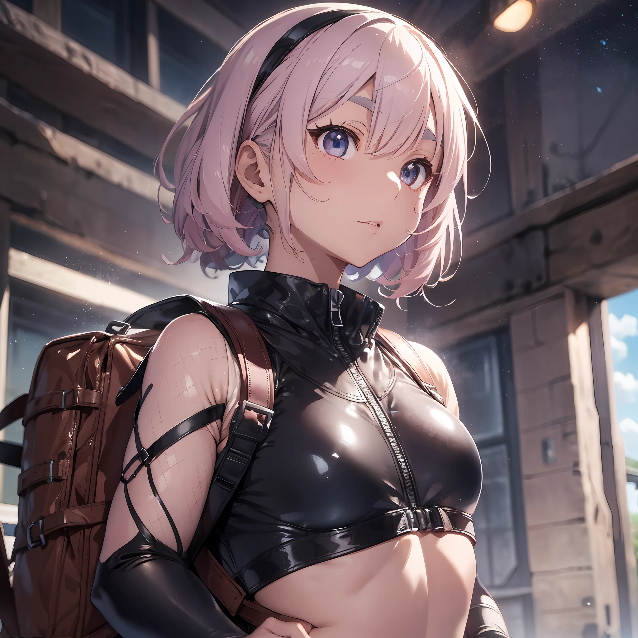 fractal landscape background, fractal cloud sky, neat school swimsuit, thick eyebrows, leather backpack, heavy weapons sticking out of the backpack, (dark skin: 1.3), black gloves, brown skin, movie lighting, small breasts, beautiful light pink hair, (masterpiece), (best quality)), (super detailed), glossy skin, full body anime girl, solo, clean and detailed anime face, high resolution anime eyes, Five fingers, textile shading, perfect human structure, perfect anatomy,