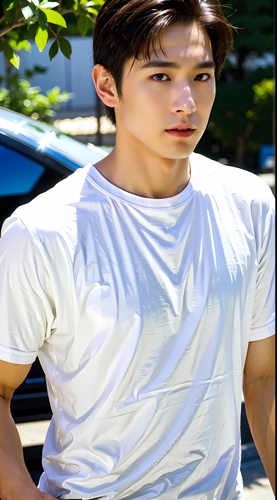 Best Quality, Ultra High Resolution, (Realistic:1.4), Masterpiece, Blurred Background ,Muscle, Solo, 1 Boy, Young Man , Standing, White Skin, White T-Shirt, Assuming, Looking at the Viewer , Facial Focus,