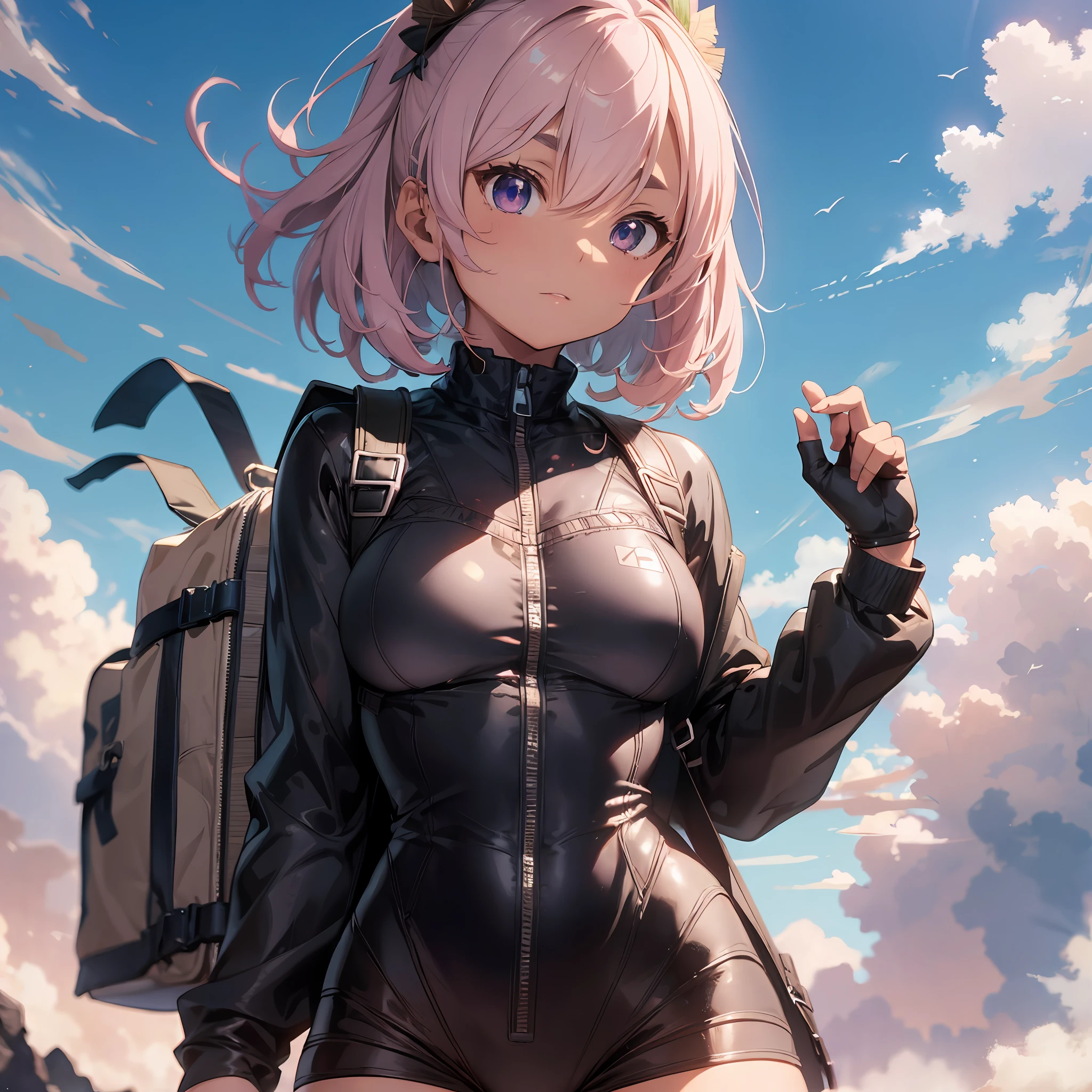 fractal landscape background, fractal cloud sky, neat school swimsuit, thick eyebrows, leather backpack, heavy weapons sticking out of the backpack, (dark skin: 1.3), black gloves, brown skin, movie lighting, small breasts, beautiful light pink hair, (masterpiece), (best quality)), (super detailed), glossy skin, full body anime girl, solo, clean and detailed anime face, high resolution anime eyes, Five fingers, textile shading, perfect human structure, perfect anatomy,