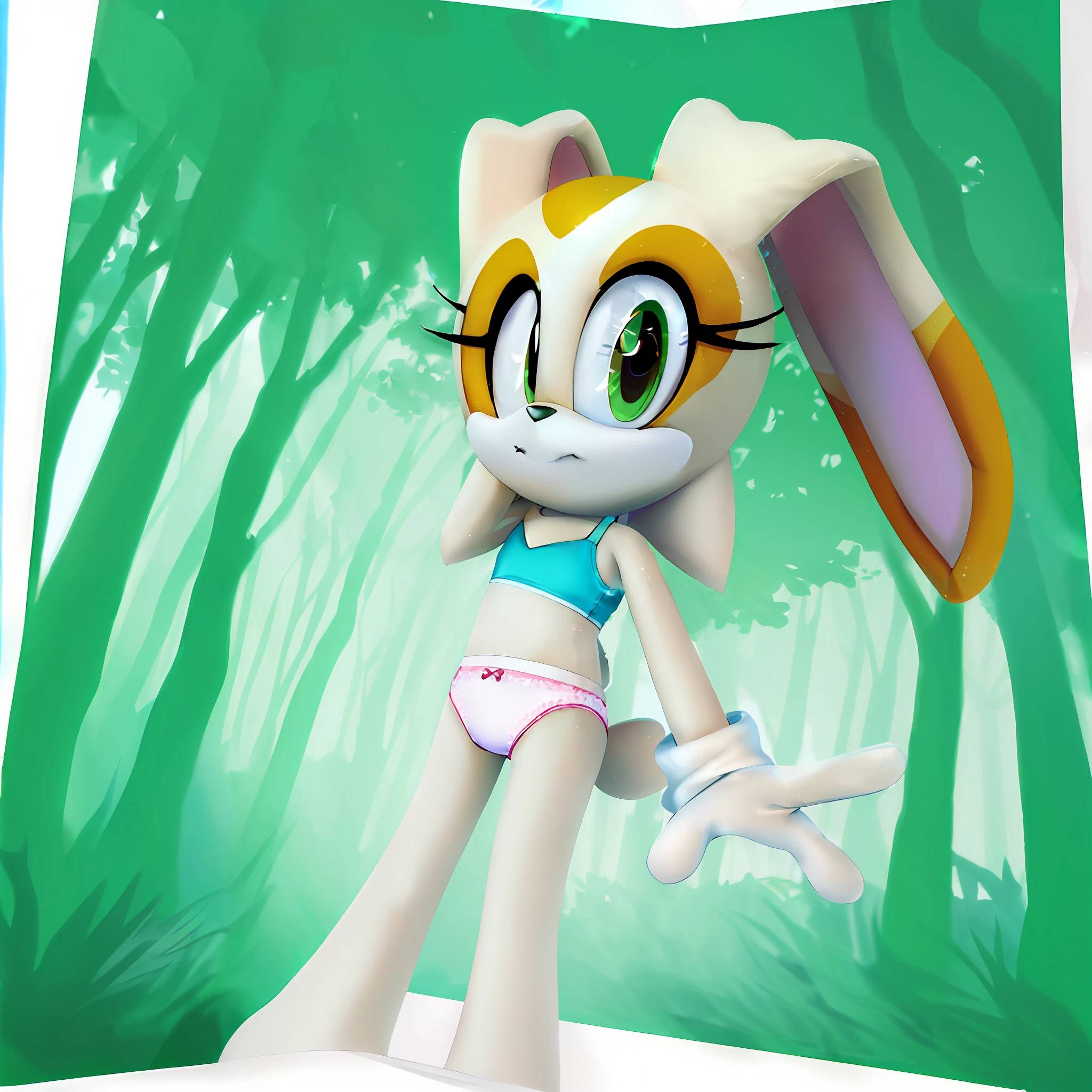 "(((masterpiece))),4k resolution,extremely delicate and beautiful,dynamic angle and pose,(1girl), animal nose, Cream the rabbit,withe sport bra, white panties, sfw, (( thin )), girl, (( thin legs )), alone, looking at viewer, in a forest,