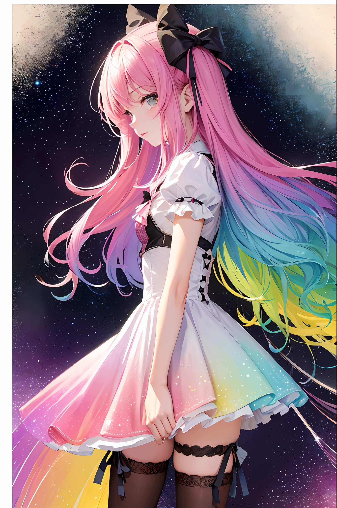 (Masterpiece, Top Quality, Best Quality, Watercolor (Medium), Official Art, Beauty and Aesthetics: 1.2), (1girl: 1.3), (Fractal Art: 1.3), Upper Body, Looking from the Side, Looking at the Viewer, Pattern, (Rainbow Hair, Colored Hair, Pink Gradient Hair: 1.2), Water, Liquid, Clouds, Colorful, Starry, Stars, Full Body, Stockings, ta Shoes (Cross Laces), Bow Clips;