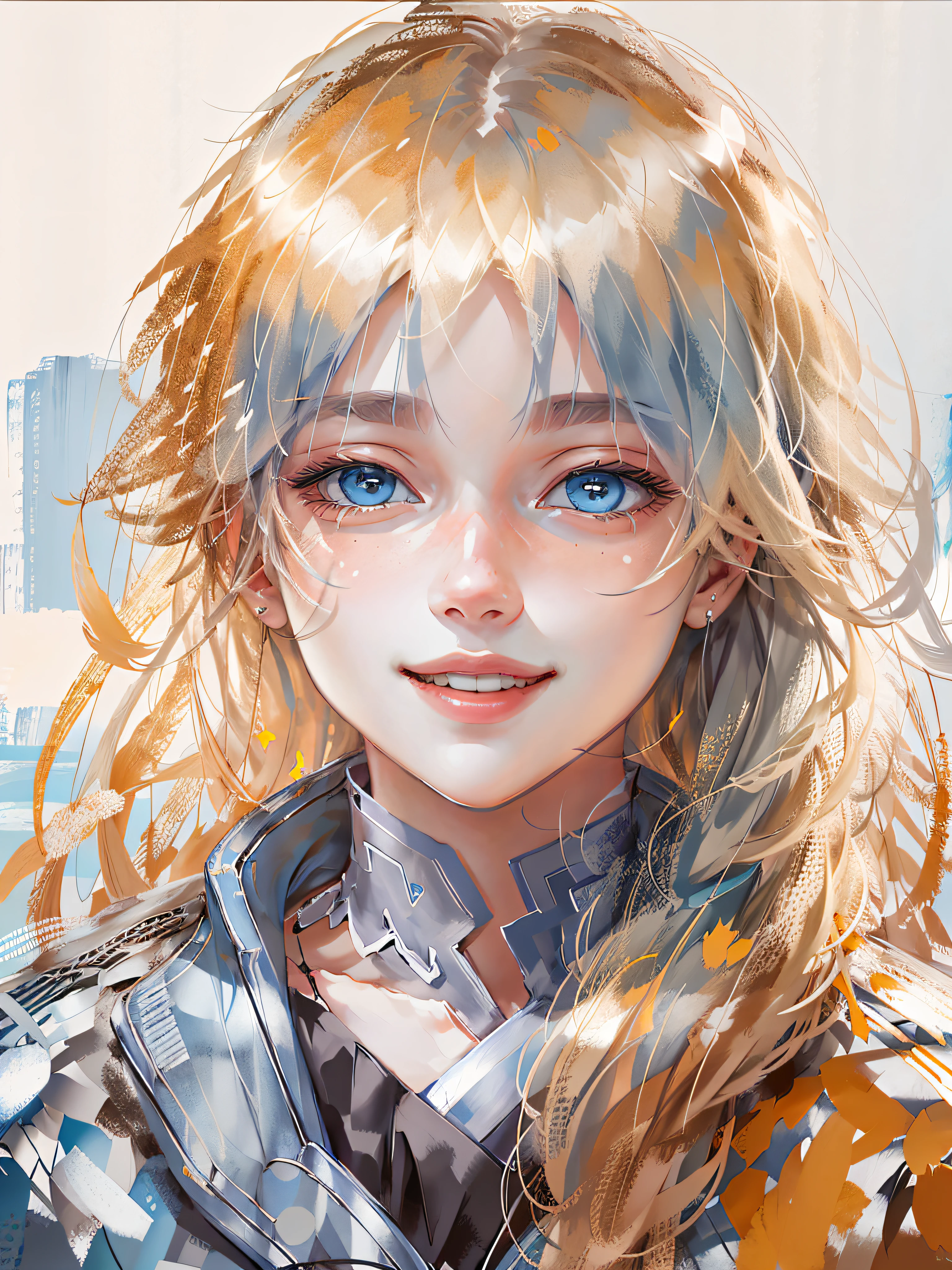 HD, (Best Detail), (Best Quality), elysiumChar, portrait, color field painting, blonde woman with blue eyes and gray jacket smiling