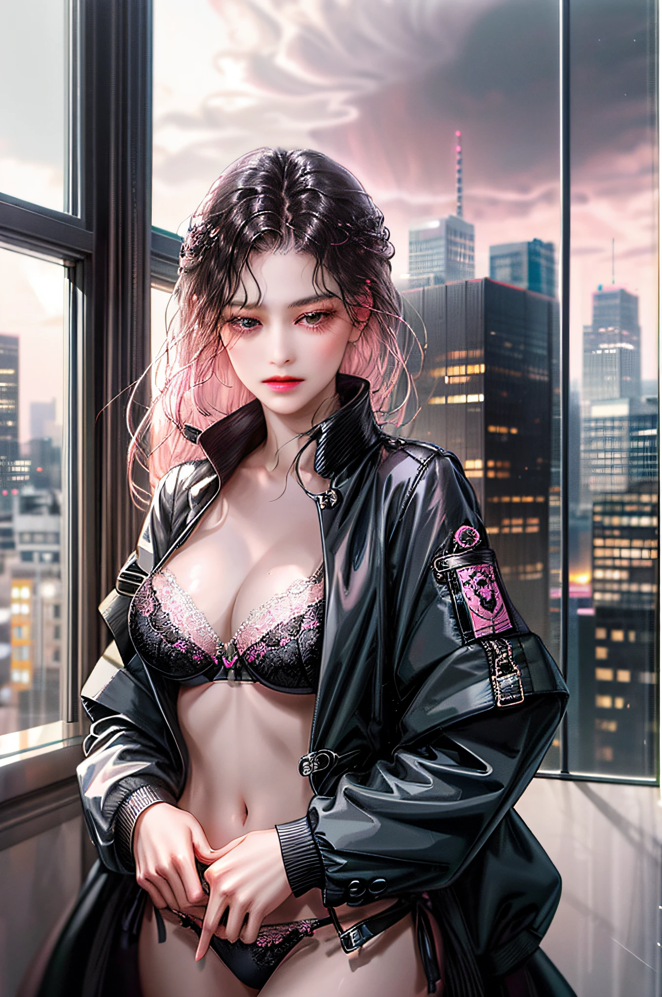 1girl, the boss of the company, long black wavy hair and gray eyes, tall, thin, sexy, contempt and arrogant and elegant, from the 21st century behind her there is a window showing the different buildings of the city, ((black translucent jacket open front, pink bra, panties)), lower body slender