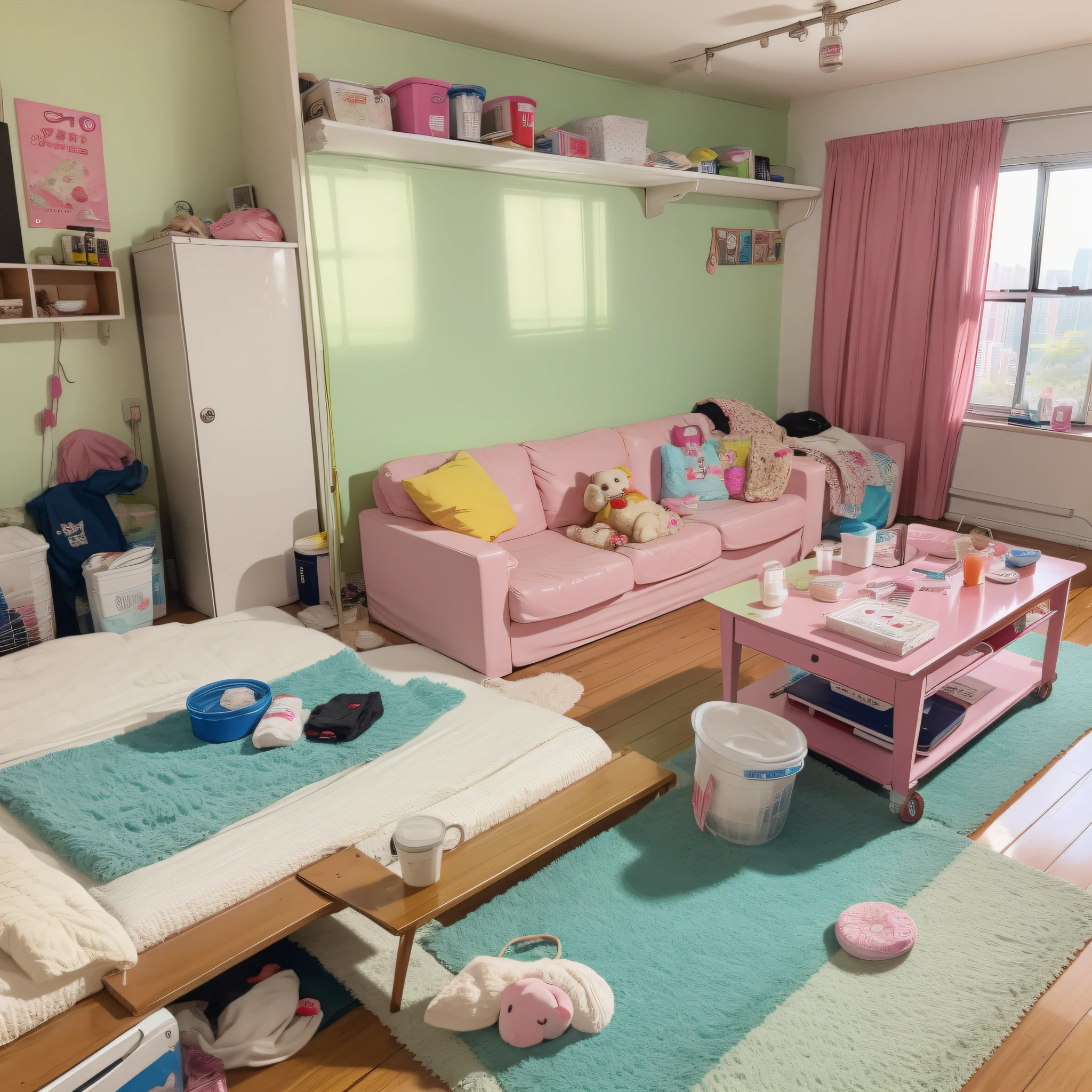 Cute Hong Kong girl sitting on sofa, girl abandoned dirty room, shabby old pink sofa, drying laundry in the room, clothes scattered, PC and monitor, evening, window, sunset light entering the room, junk food, cup noodles and drink bottles and cans are scattered, garbage overflows from the trash can. Cables and wiring are exposed from the walls, only appliances are futuristic, sparkling dust flutters in the room, HD, 8K, masterpiece, realistic texture.
