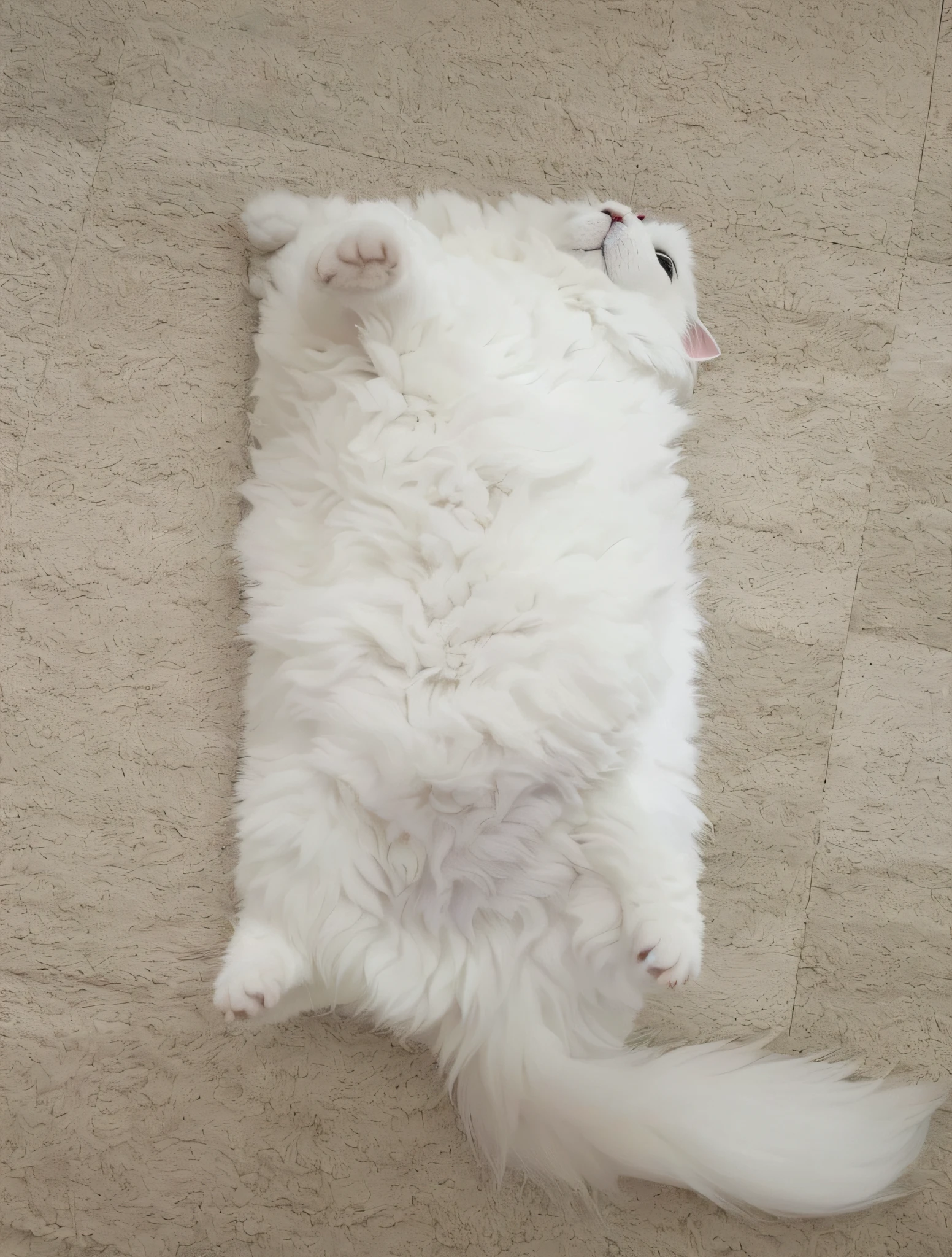 there is a white cat laying on the floor with its head on the floor, whole cat body, fluffy body, she is laying on her back, chonker cat, her belly is fat and round, she has a jiggly fat round belly, doing a majestic pose, the cat is fluffy, fat cat, laying on her back