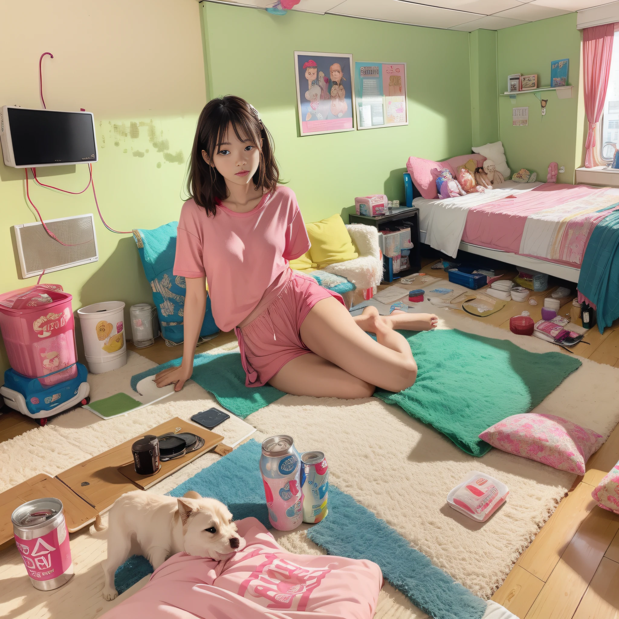 Cute Hong Kong girl sitting on sofa, girl abandoned dirty room, shabby old pink sofa, drying laundry in the room, clothes scattered, PC and monitor, evening, window, sunset light entering the room, junk food, cup noodles and drink bottles and cans are scattered, garbage overflows from the trash can. Cables and wiring are exposed from the walls, only appliances are futuristic, sparkling dust flutters in the room, HD, 8K, masterpiece, realistic texture.