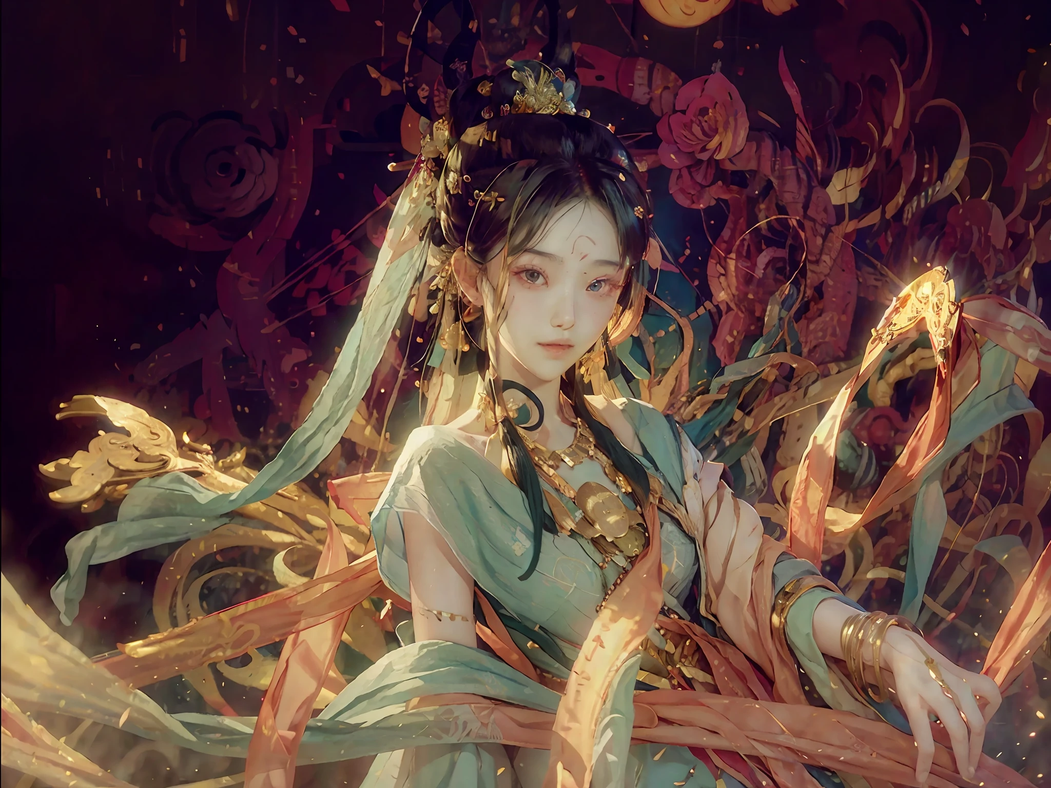 (RAW Photo, Best Quality), (Realistic, Photo Real: 1.3), Best Quality, Highly Detailed, Masterpiece, Ultra Detailed, Illustration, 1 Girl, upper_body, Dynamic Angle, World Mastery Theater, messy_long_hair, Best Quality, Extremely Detailed CG Uniform 8k Wallpaper, Ink, Amazing, Sexy, Peach Blossom Eyes, Smile, Movie Lights, lens_flare, dunhuang_style