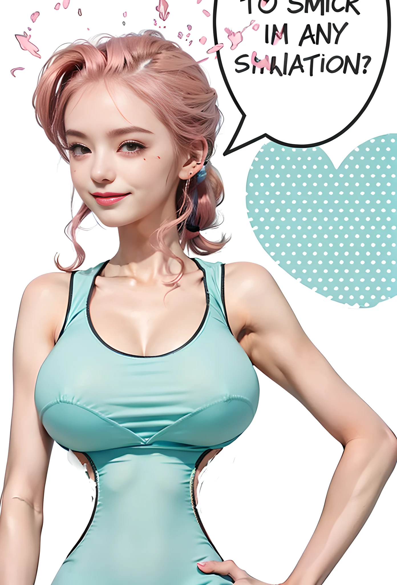 (female:1.2) (bodybuilder:0.8), hyper realistic, masterpiece, photorealistic, real skin, detailed face, detailed skin, detailed lighting, 1women, (pink hair) , ponytail hair, undercut hair style, large breasts, cleavage, hand on hips, smile