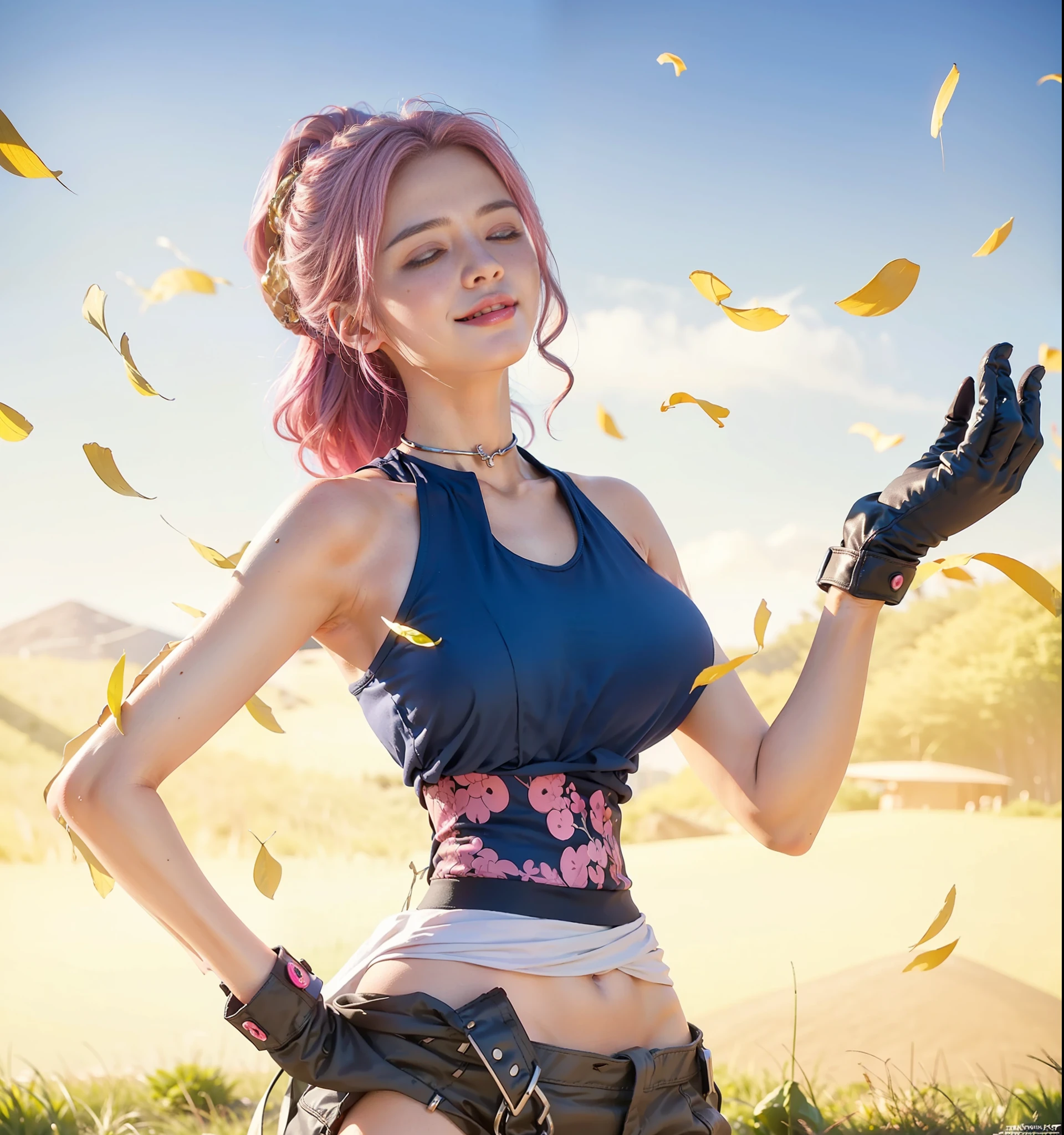 (female:1.2) (bodybuilder:0.8), hyper realistic, masterpiece, photorealistic, real skin, detailed face, detailed skin, detailed lighting, 1women, (pink hair) , ponytail hair, undercut hair style, large breasts, cleavage, hand on hips, smile, closed eyes, open mouth, gloves