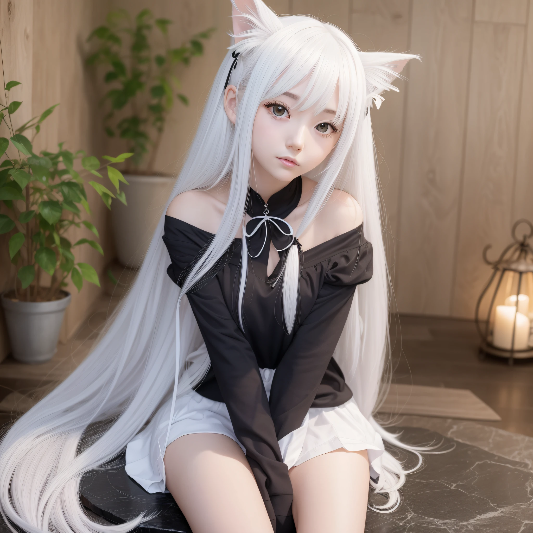 Anime girl with long white hair sitting on a slate, very beautiful anime cat girl, white cat girl, beautiful anime catgirl, From the night of the ark, cute anime catgirl, very beautiful cute catgirl, Anime girl with cat ears, guweiz, perfect white haired girl, cute anime girl, Cute anime waifu wearing beautiful clothes, anime visual of a cute girl --auto --s2