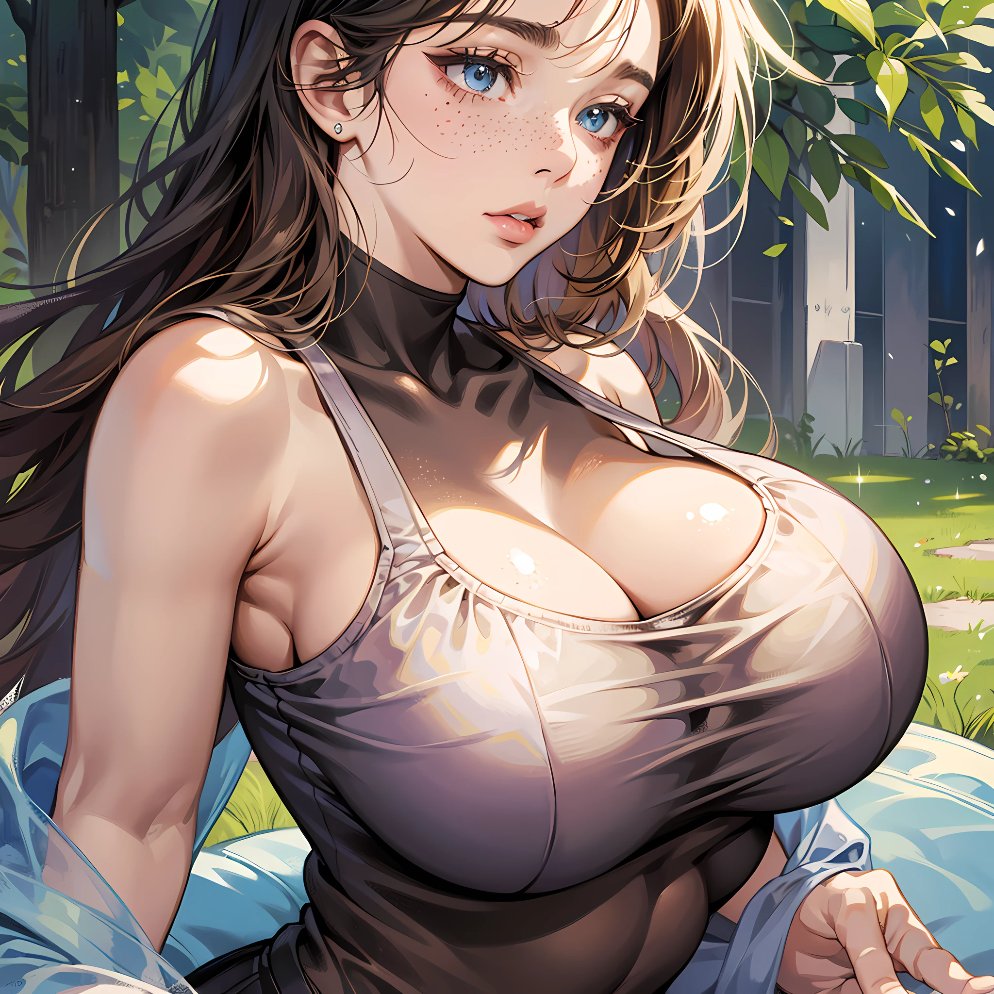 masterpiece, best quality, ultra-detailed, illustration, (1girl), young, cute, freckles, beautiful detailed eyes, looking down, looking down at her chest, (shocked facial expression), mouth open, raised eyebrows, (upper body focus), messy hair, shy, park in the background, plump lips, lip filler, oversized breasts, ((huge breasts)), breast expansion, cleavage, wearing tight tank top --auto --s2