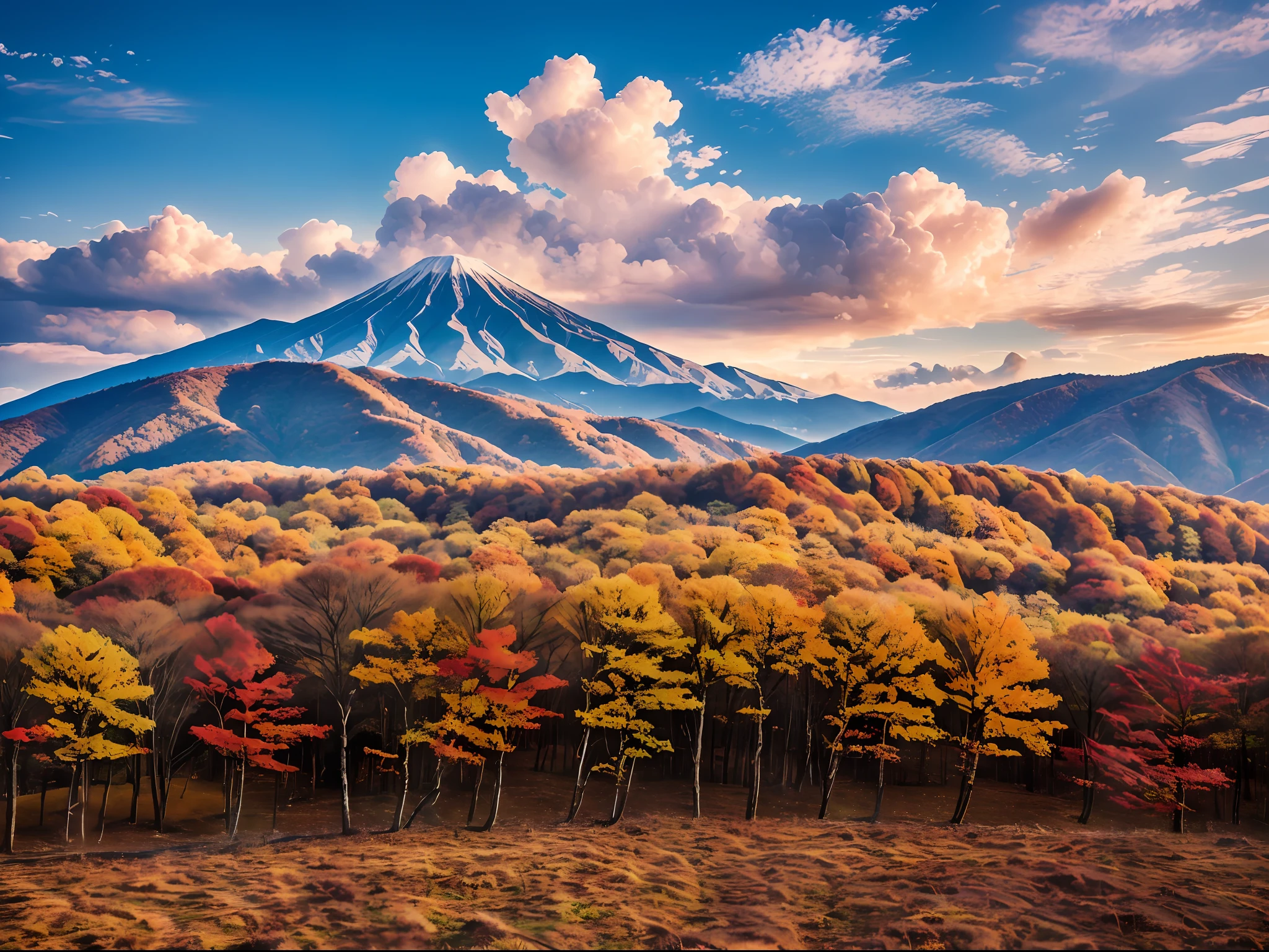 ((highest quality, 8k, masterpiece, photography, photorealistic, RAW photography, highest quality)), mountains with grasslands and forests in the background, mountains in Japan, autumn leaves in the foreground, by Ashiyuki Gigadou, by Masasaku Nakayama, countryside of Japan, heroine Japan vivid landscape, gunma, hills with trees, volcanic landscape, Rinko Kawauchi, autumn mountains, hillside, Karuizawa, high definition, realism, realistic photography, professional color correction, Canon EOS 5 Shot with D Mark IV --auto --s2