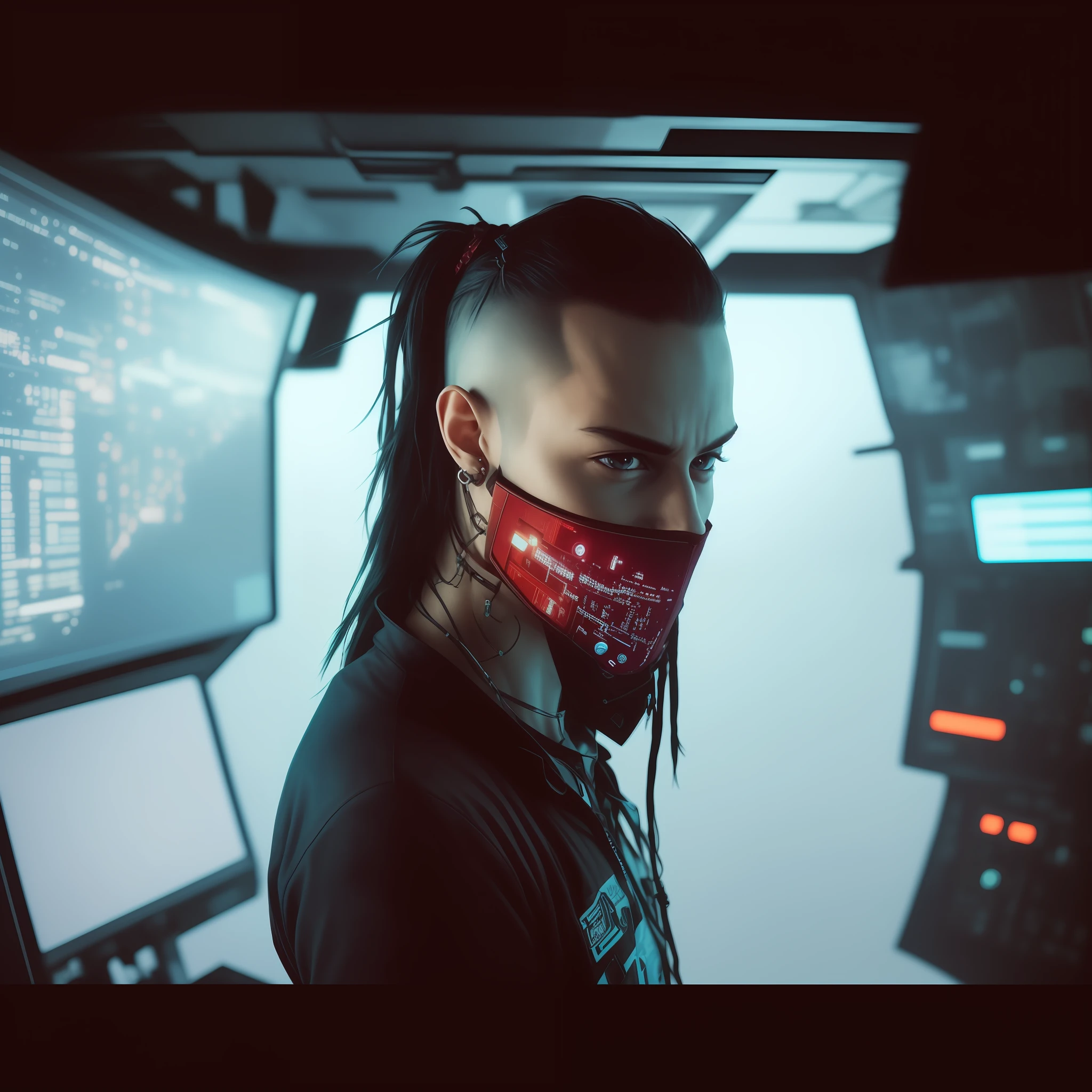 arafed man with a bandana on his face in a control room, cyberpunk photo, cyberpunk lut, cyberpunk techwear, in cyberpunk style, cyberpunk))), cyberpunk hacker, cyberpunk wearing, cyberpunk look, cyberpunk portrait, portrait of a cyberpunk man, cyberpunk streetwear, portrait of a cyberpunk machine, cyberpunk style , hyperrealistic, aesthetic cyberpunk, in cyberpunk aesthetic