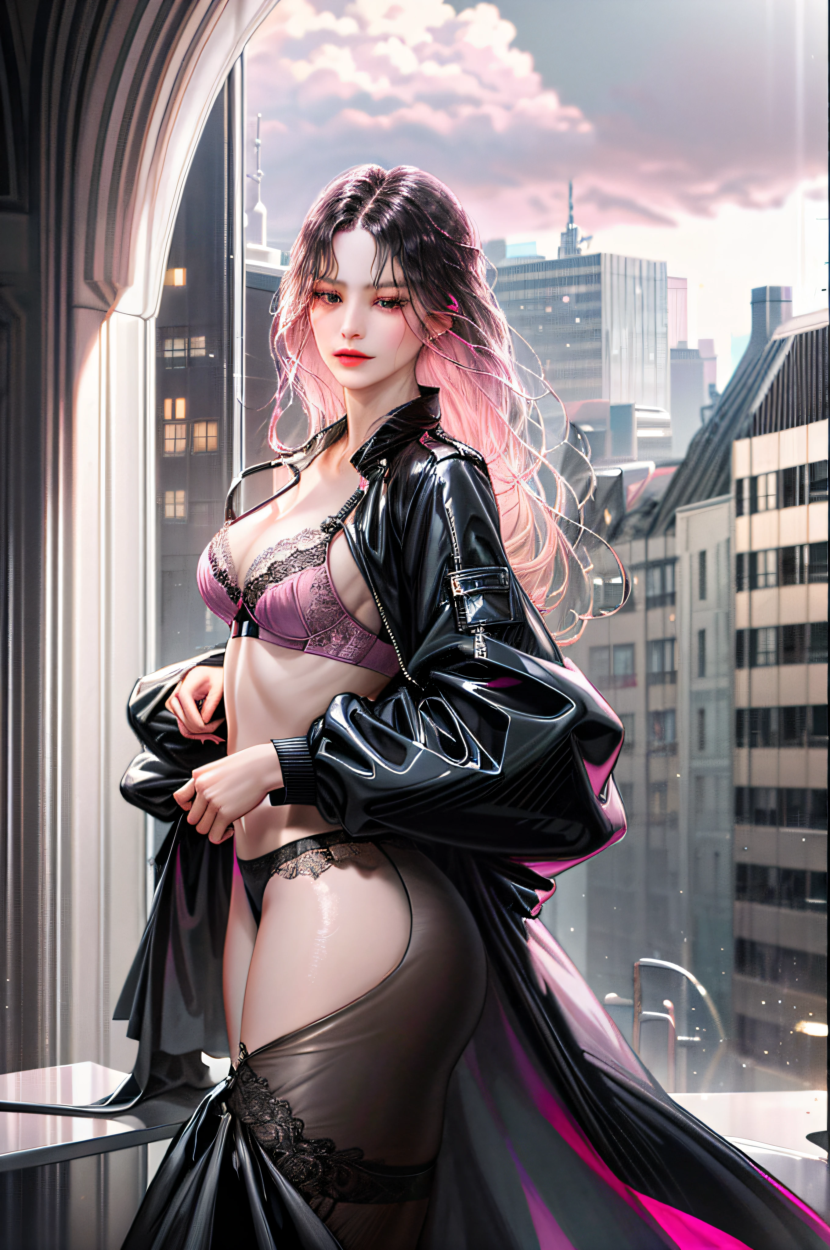 1girl, the boss of the company, long black wavy hair and gray eyes, tall, thin, sexy, contempt and arrogant and elegant, from the 21st century behind her there is a window showing the different buildings of the city, ((black translucent jacket open front, pink bra, panties)), lower body slender
