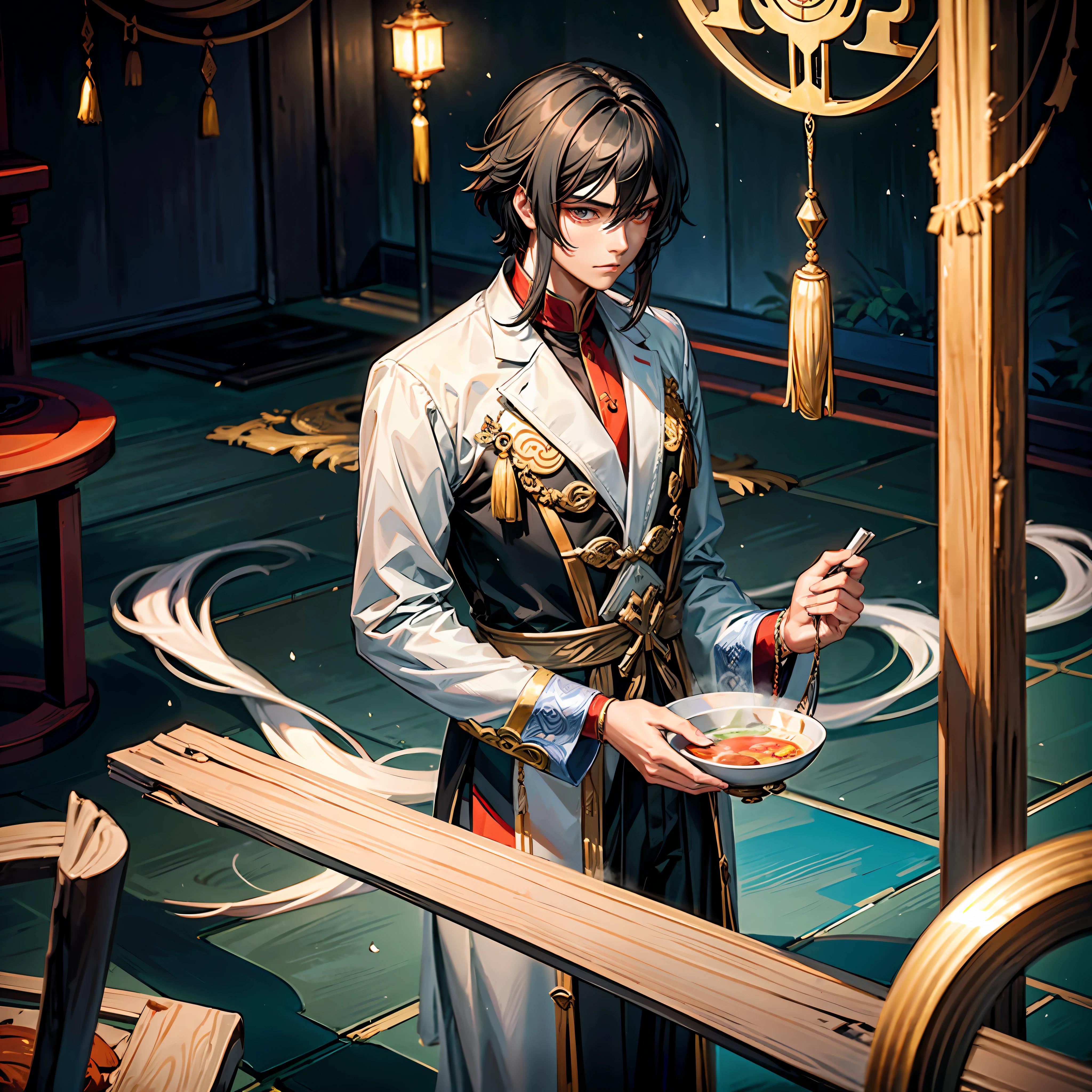 An ancient Chinese teenager with long black hair, wearing a white Tai Chi suit 1.5, holding a wooden folding fan, standing in front of several bronze piles, one of them fell to the ground and was broken, the boy looked aristocratic, scholarly look, white handsome, a bowl of soup medicine on the chair next to him, handsome face, exquisite face portrayal, fine environmental depiction