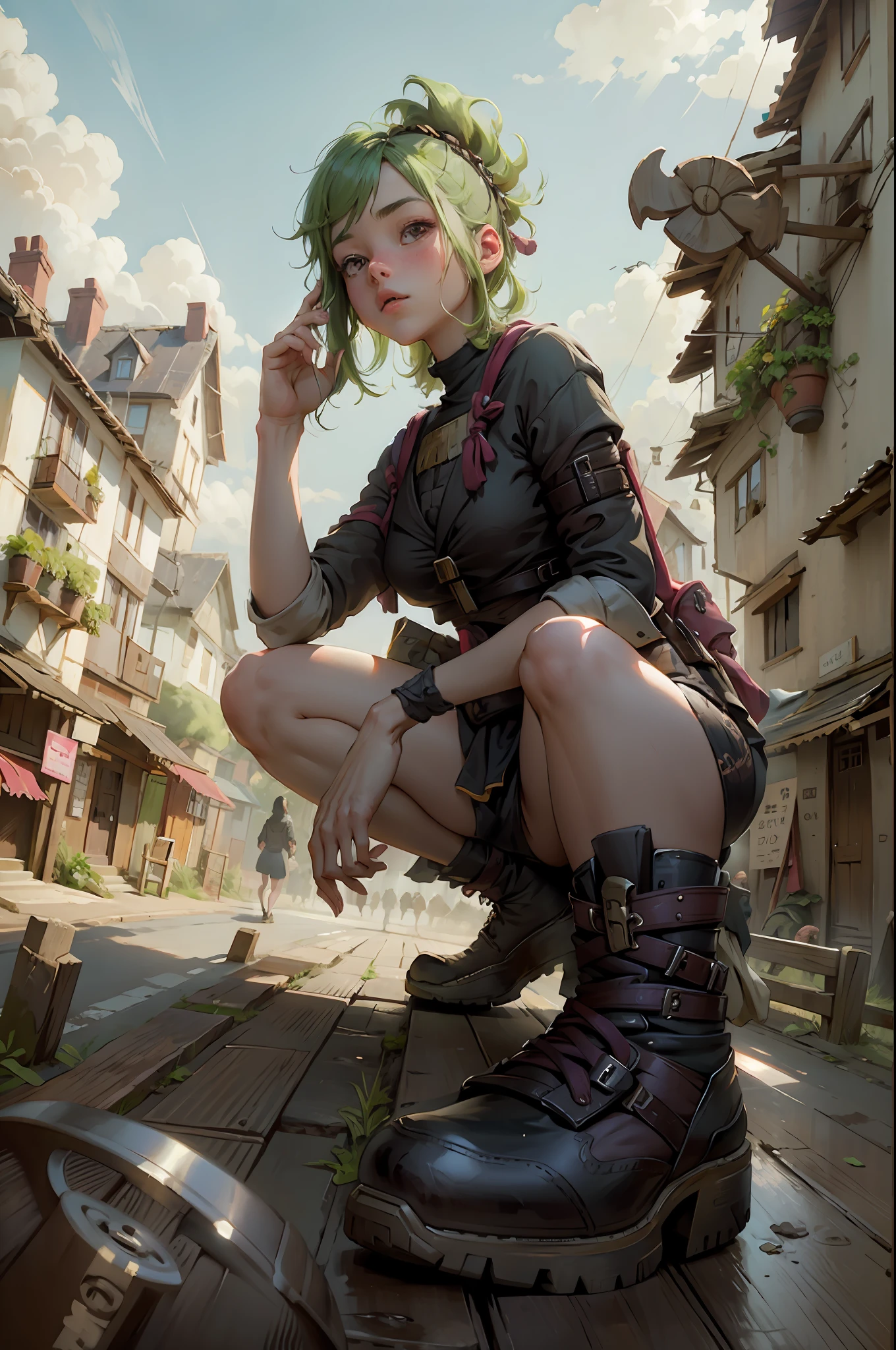 A girl half-squats on the side of the village road