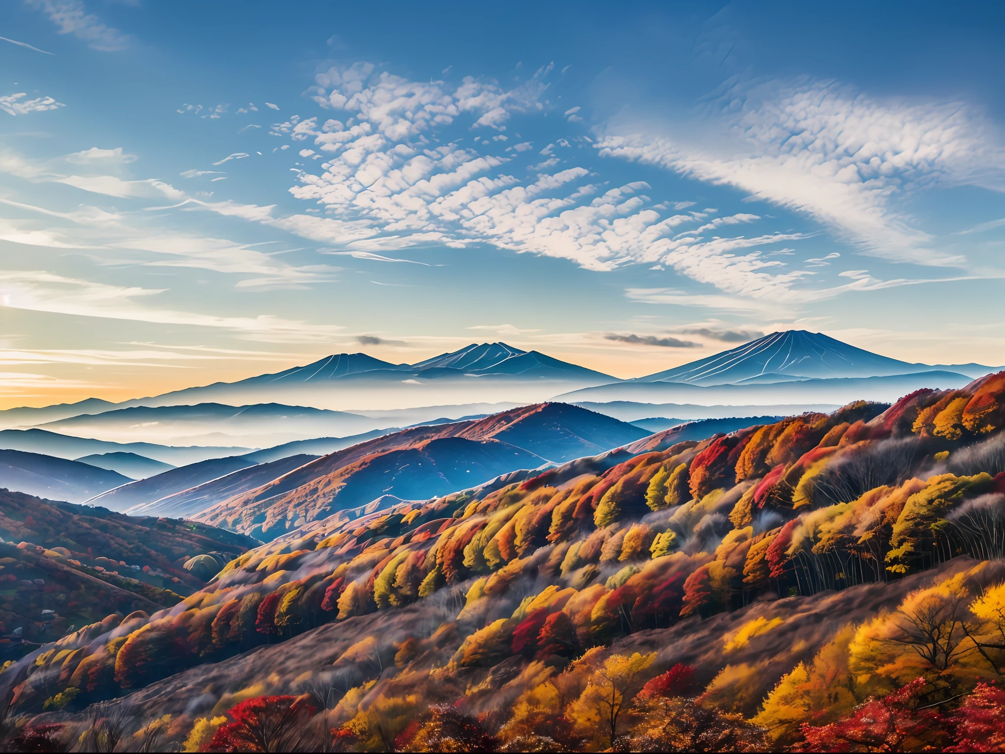 ((highest quality, 8k, masterpiece, photography, photorealistic, RAW photography, highest quality)), mountains with grasslands and forests in the background, mountains in Japan, autumn leaves in the foreground, by Ashiyuki Gigadou, by Masasaku Nakayama, countryside of Japan, heroine Japan vivid landscape, gunma, hills with trees, volcanic landscape, Rinko Kawauchi, autumn mountains, hillside, Karuizawa, high definition, realism, realistic photography, professional color correction, Canon EOS 5 Shot with D Mark IV --auto --s2