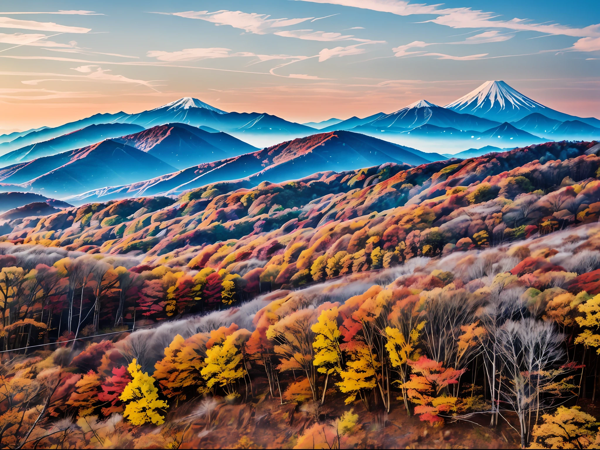 ((highest quality, 8k, masterpiece, photography, photorealistic, RAW photography, highest quality)), mountains with grasslands and forests in the background, mountains in Japan, autumn leaves in the foreground, by Ashiyuki Gigadou, by Masasaku Nakayama, countryside of Japan, heroine Japan vivid landscape, gunma, hills with trees, volcanic landscape, Rinko Kawauchi, autumn mountains, hillside, Karuizawa, high definition, realism, realistic photography, professional color correction, Canon EOS 5 Shot with D Mark IV --auto --s2