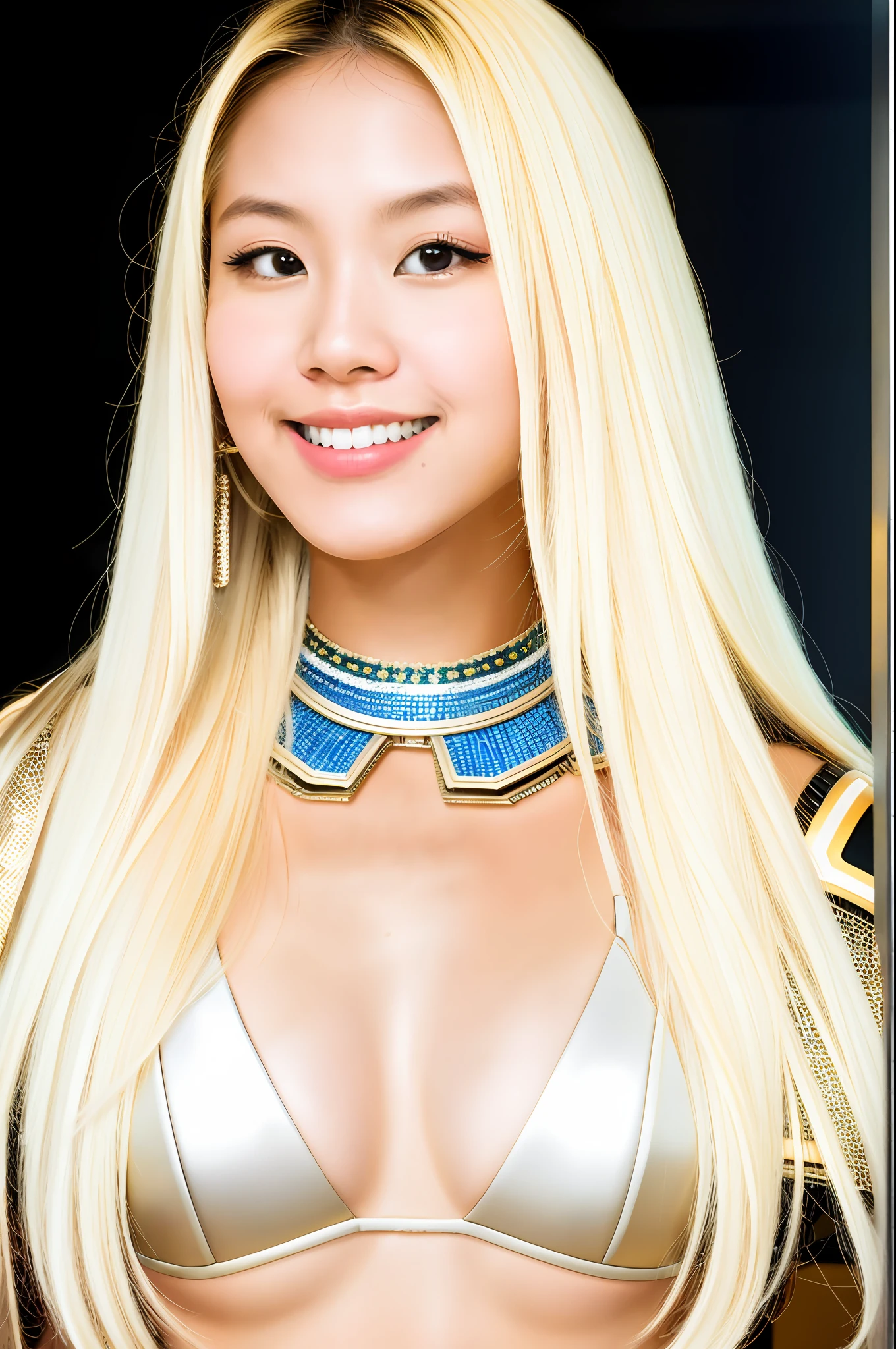 RAW photo,1 Thai girl, blonde hair, bodybuilder physique, ,lighting armor, long hair, cyborg, robotic parts, vibrant details, luxurious cyberpunk, lace, hyperrealistic, anatomical, facial muscles, cable electric wires, microchip, elegant, dark place background, 8k, best quality, masterpiece, illustration, an extremely delicate and beautiful, extremely detailed ,CG ,unity ,wallpaper, (realistic, photo-realistic:0.8),Amazing, finely detail, masterpiece,best quality,official art, extremely detailed CG unity 8k wallpaper, absurdres, smile,incredibly absurdres,robot, low angle,expressionless,
