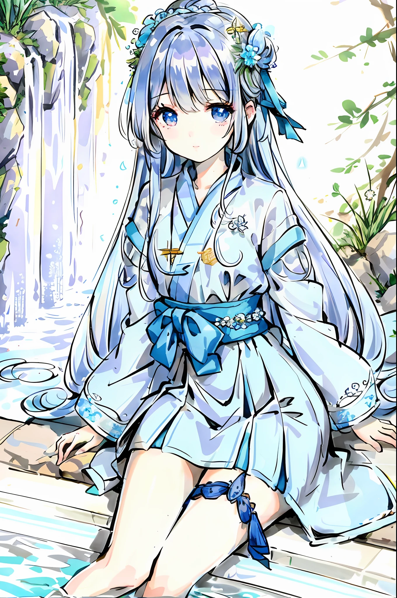 {{Best Quality}}, {{Masterpiece}}, {{Ultra Detail}}, {Illustration}, {Detailed Light}, {Extremely Delicate and Beautiful}, A Girl, {Beautiful Detail Eyes}, Stars in Eyes, Messy Floating Hair, Colored Inner Hair, Starry Sky Decorative Hair, Depth of Field, Chinese Painting, Girl in the Garden, Girl Sitting by the Pool, Sticking Her Feet into the Pool, Rockery, Waterfall and Small Trees in the background, Delicate Face, Beautiful Eyes, Girl Stretching Her Waist, Girl in Hanfu, Light Blue and White Hanfu