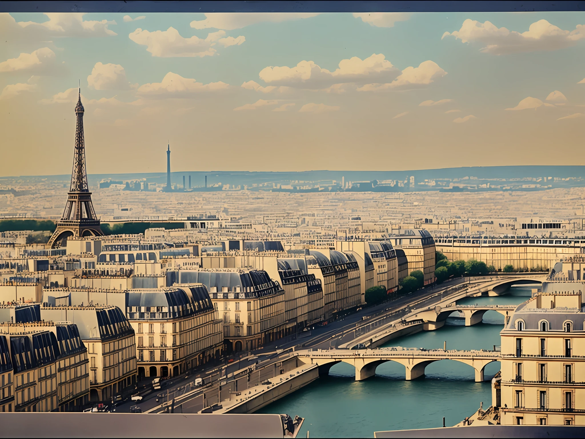 Landscape photo of Paris in 1970, nostalgic, vintage, old faded color photo, realistic photo, high quality, --auto --s2