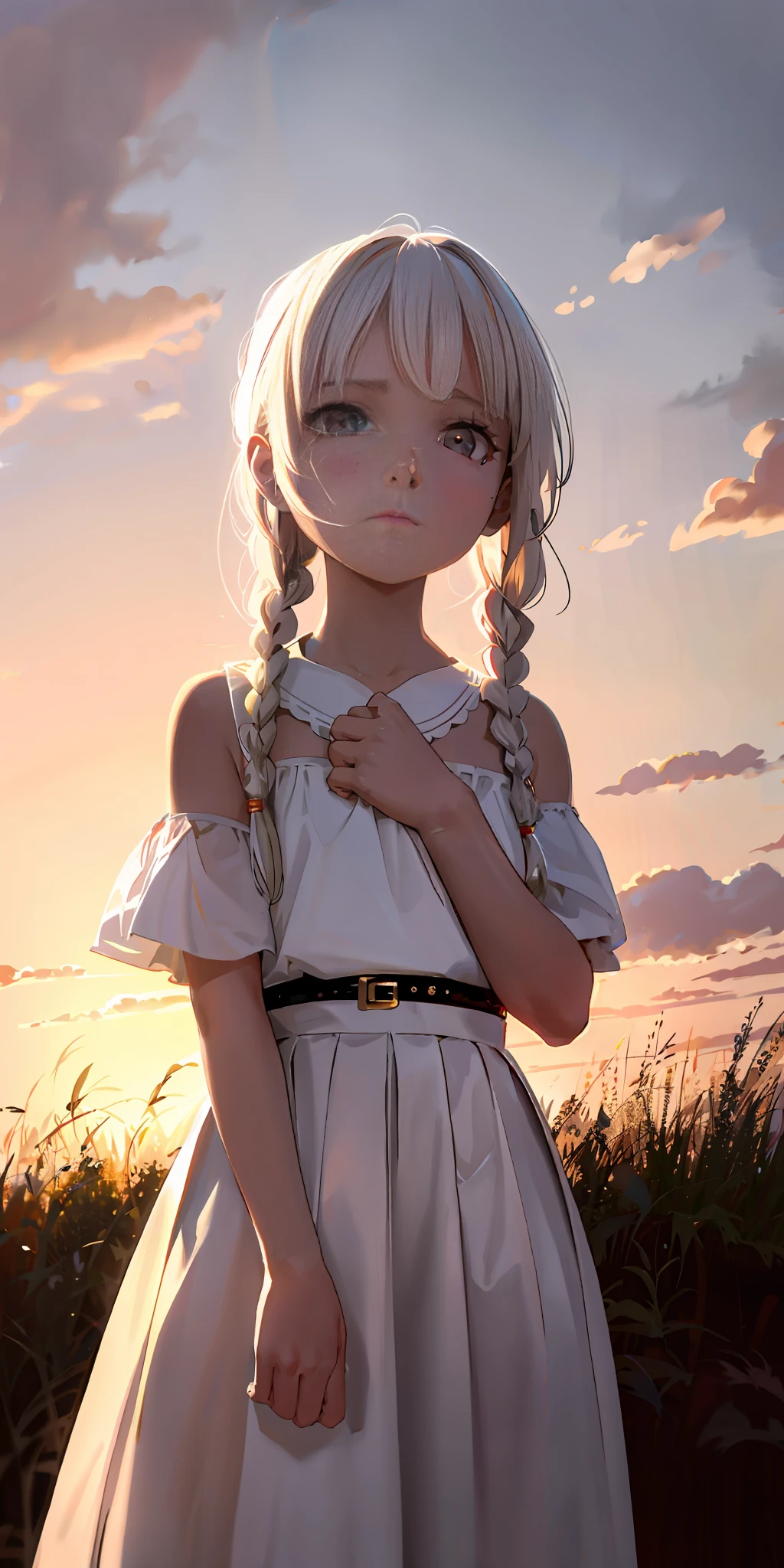 Excellent, masterpiece, white hair, golden eyes, American high school girl, looking up, upper body, hair, fair skin, side braids, full of sad feelings, withdrawn, inferior, aggrieved expression, prairie, sunset, wearing a pure white long dress