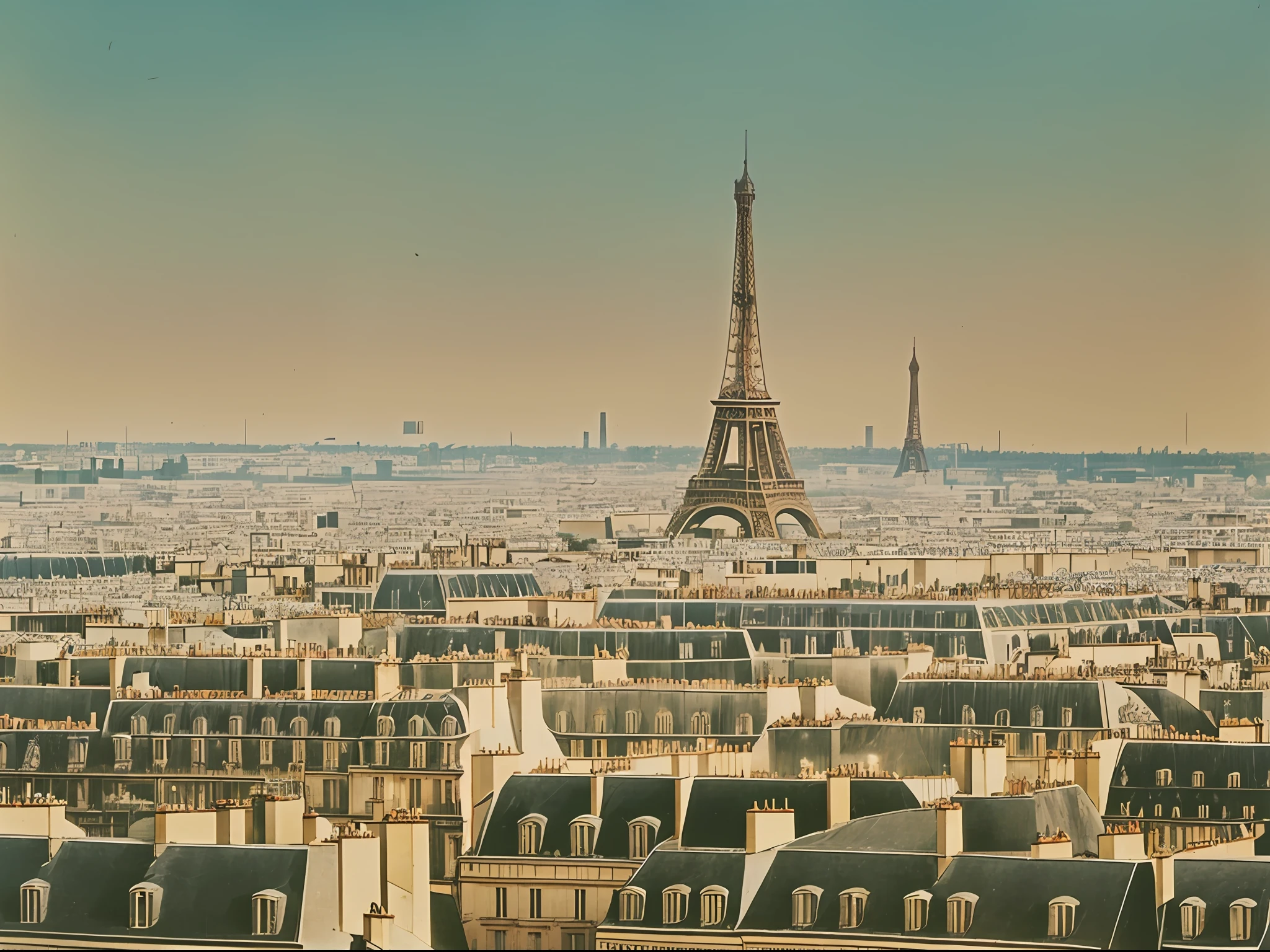Landscape photo of Paris in 1970, nostalgic, vintage, old faded color photo, realistic photo, high quality, --auto --s2