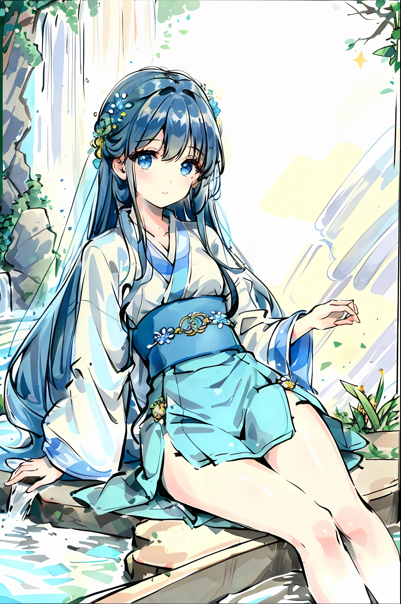 {{Best Quality}}, {{Masterpiece}}, {{Ultra Detail}}, {Illustration}, {Detailed Light}, {Extremely Delicate and Beautiful}, A Girl, {Beautiful Detail Eyes}, Stars in Eyes, Messy Floating Hair, Colored Inner Hair, Starry Sky Decorative Hair, Depth of Field, Chinese Painting, Girl in the Garden, Girl Sitting by the Pool, Sticking Her Feet into the Pool, Rockery, Waterfall and Small Trees in the background, Delicate Face, Beautiful Eyes, Girl Stretching Her Waist, Girl in Hanfu, Light Blue and White Hanfu